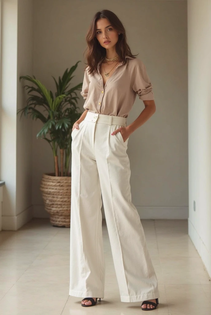 A beautiful woman in tshirt, necklace and off pant and shoes