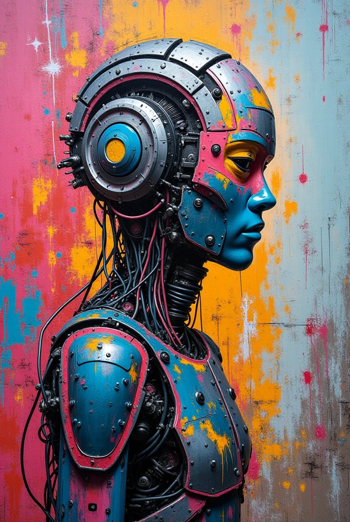 Street art style following text:"by radiation". Above text a futuristic cyberpunk-inspired female android with the graffiti-style text:"by radiation". Insanely Creating design masterpiece. The android's sleek, glossy body is covered in vibrant, colorful panels, seamlessly blending advanced technology with bio-mechanical structures. Poster with following title "by radiation". Insanely Epic photo shoot. POSTER masterpiece with street art style following text:"by radiation". Required text: "by radiation". Insanely typography. Text organic design. Visual balance and text of the image. Insanely Creating android absoluty nude
nude