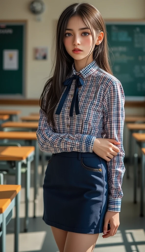 ((school uniform)),ribbon at neck,(school uniform and ((Plaid navy skirt)) and white shirt:1.1), Skin color, big , smile, (8k, RAW Photos, Highest quality, masterpiece:1.2), masterpiece, super detailed, super high quality, (Realistic and Realistic photography:1. 37), High-resolution RAW color photos, Very delicate and beautiful, highly detailed, 8k壁紙, wonderful, detailed, Very eye, very detailed, very detailed skin, very thin fingers, very detailed nose, very detailed mouth, Perfect Anatomy, Upper Body, studio, Soft lighting, A full-body shot of a cute idol wearing a one-piece swimsuit, Playful pose, Hands on hips, smile, Pastel Background, Realistic, Attention to detail, studio photography