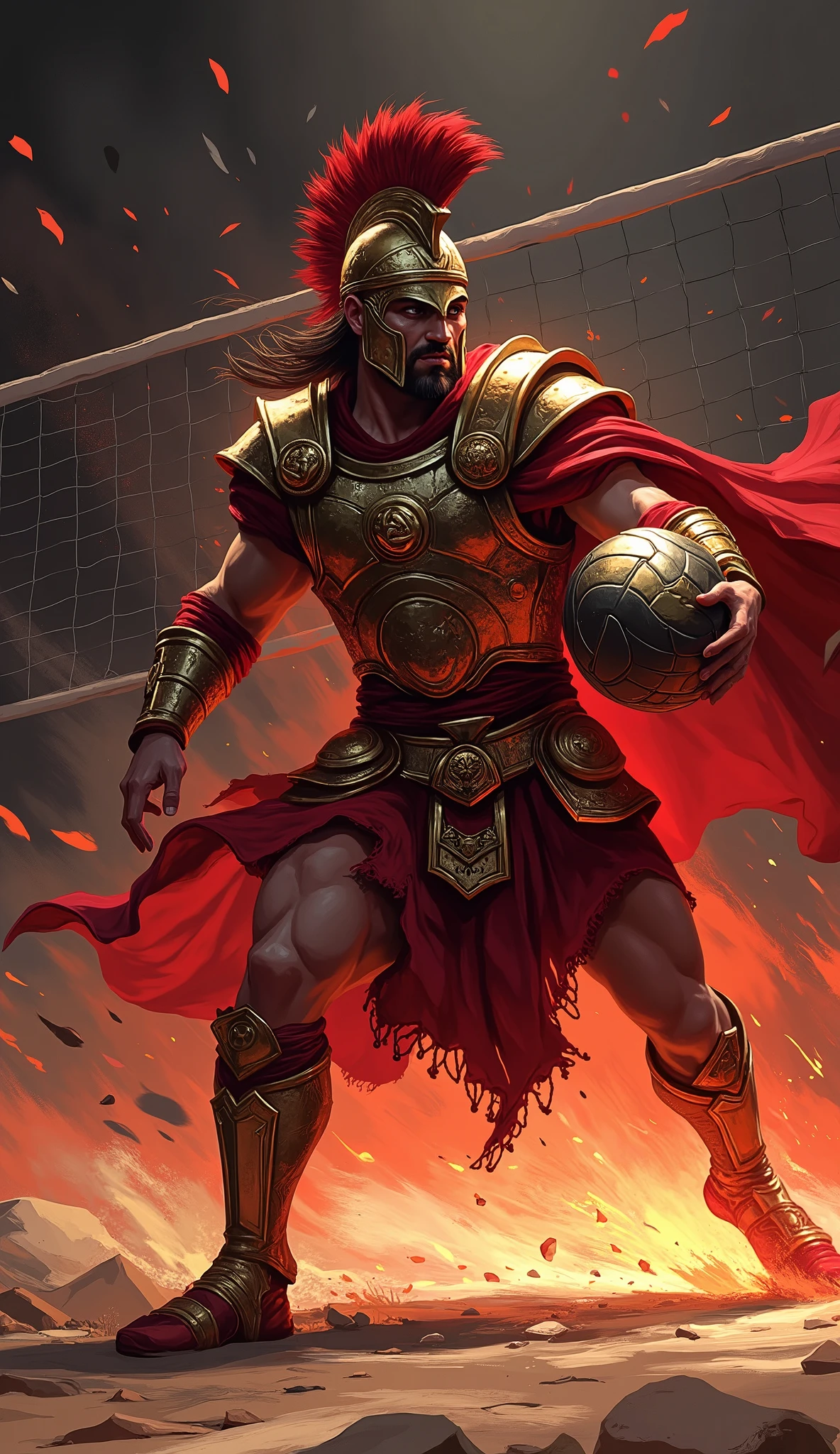 greek god ares, god of war, ((playing volleyball:2)), volleyball ball, (((background is volleyball court:2))), (((volleyball net:2))), ((professional volleyball player pose defensive)), ((Receives the ball)), (((defending court))), (defending), 4K, high details, (digital painting), ((oil painting:2.2)), masterpiece, particles, ((he is wearing greek hoplite armor covered with golden ornaments and red elements)), ((he is wearing golden greek helmet)) ((face covered with helmet)), (red theme color), high quality , high contrast, strong light, flames