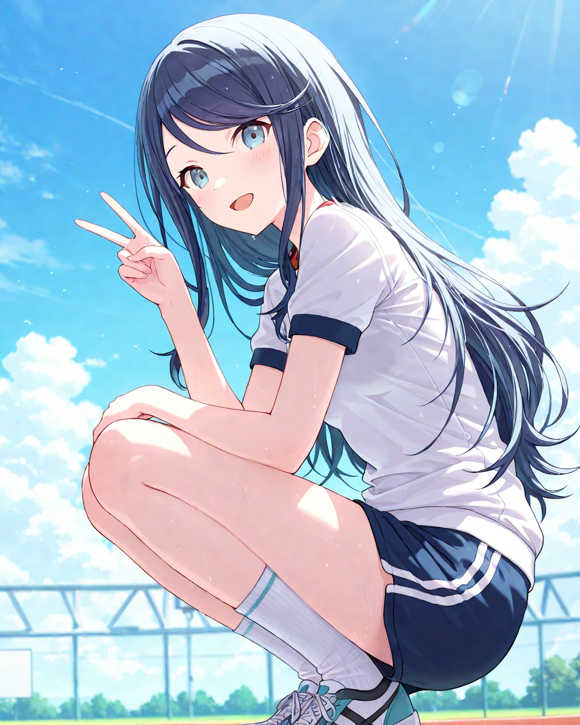 score_9, score_8_up, score_7_up, score_6_up, score_5_up, score_4_up, anime,
BREAK
<lora:kancolle-hatsuharu-ponyxl-lora-nochekaiser:1>hatsuharu, hair ribbon, long hair, ponytail, purple eyes, purple hair, ribbon, very long hair, short eyebrows, shide,black gloves, black thighhighs, dress, gloves, hikimayu, sailor dress, short dress, thighhighs,
outdoors, military port, blue sky, Cloud, wind, bird,happy smile, sitting,