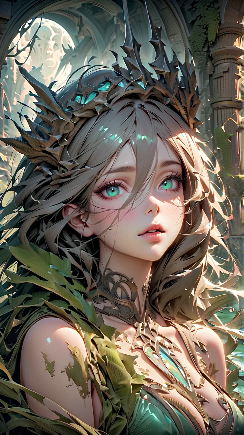 Celtic goddess Li Ban submerged in a moonlit glacial lake. Pale, almost translucent skin with faint blue-gray undertones, long hair like drifting seaweed (muted green-black), tangled with freshwater pearls and algae. Tattered silver-gray robes dissolving into water currents, skeletal hands gripping a tarnished silver comb. Eyes: lidless, glowing faint opalescent white, reflecting submerged ruins. Background: deep lake abyss with crumbling stone arches, ghostly salmon, silt clouds. Surface above: icy cracks, pale moon haze. Palette: desaturated cold tones (slate gray, moss green, glacial blue), subtle refraction effects. Style: hyper-realistic textures (water ripples, stone erosion, skin translucency), no bright colors—only eerie, naturalistic depth