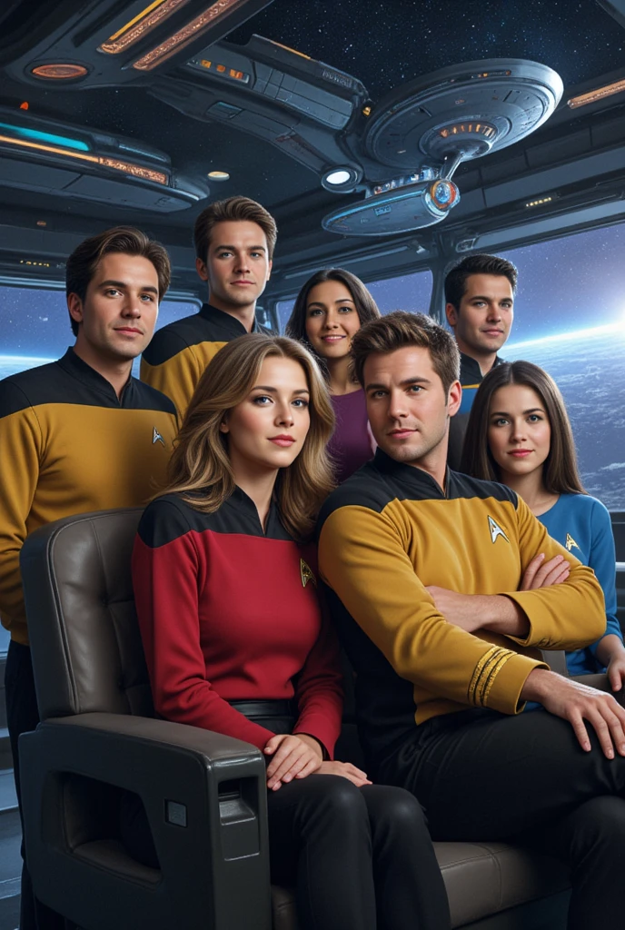 Create a humorous moment from the Star Trek: The Next Generation series with exaggerated expressions and comedic elements, in a style reminiscent of classic sitcoms or the work of cartoonist Gary Larson.