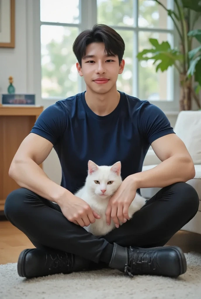 handsome, stalwart ,A Korean man wearing underwear smiles sitting on the floor holding a cat.. In a cat café