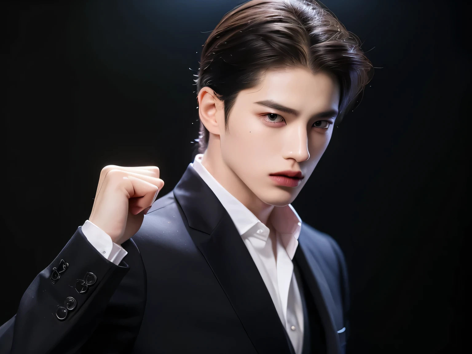 20 year old man, Very handsome , of Korean series stars, White skin, handsome, classic side part hairstyle, black background, Masterpiece, best quality, a man, Raise your left hand up., fist, Detailed image, clear, Shiny, Very handsome , half body model, Cold Tea Face Paint, Wear a black outer suit, White inner shirt, One Man, reflect, Strict face color, side view, Back Photo.