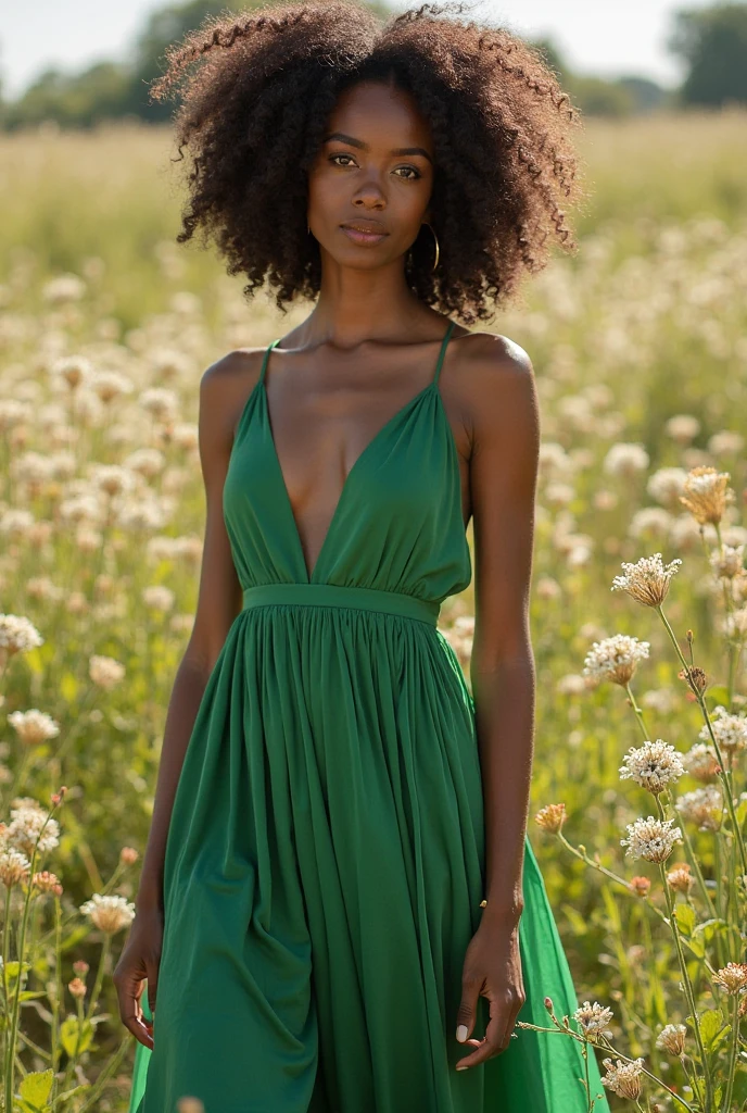 in a green dress with brown skin, curly hair and sexy