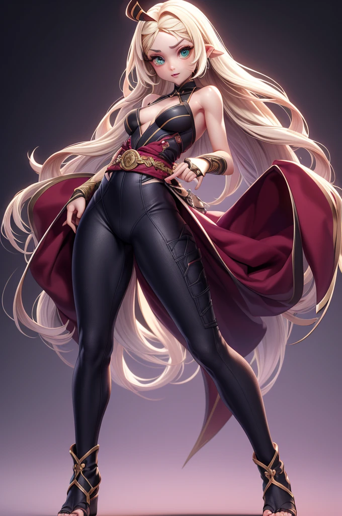 ((Highest quality)), ((masterpiece)), (Familiar), Lusamine,Tattoo,thin,Long blonde hair,Small breasts,Small breasts,Erect nipples,Adult female,Green Eyes,Slanted Eyes,White and black T-shirt,No sleeve,Gold embroidery,Black shoes,Fascinating,Red pants