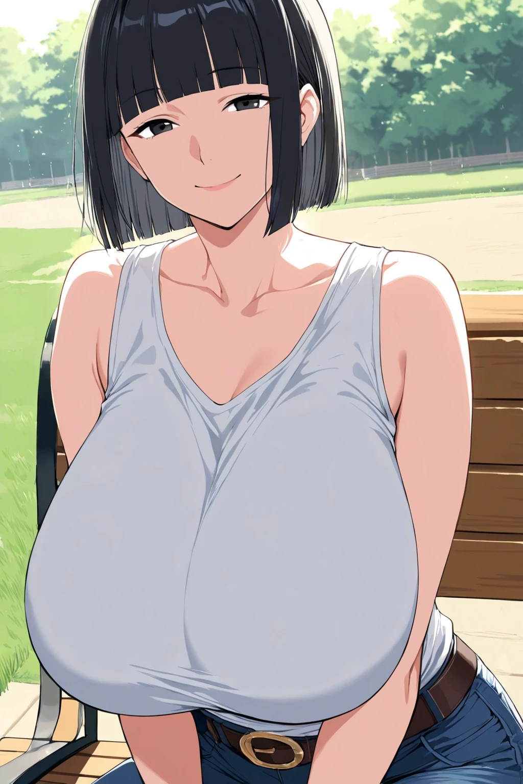 ((masutepiece, Best Quality, High resolution, extremely detailed 8K, Beautiful girl with a slender body, Ultra HD, Ultra-detailed, anime screen cap:1.3, anime colours:1.2)), suguha, (1girl in), (Black hair, bob cuts), (Lower your hands forward:1.5), facing at camera, Close-up on the chest, (beautifull detailed face, Beautiful detailed eyes), (Huge breasts: 1.2), (White tank top, Thin material), Leaning forward:1.3, cleavage, bulging nipple, Shorts, Cowboy Shot, Sweat, (Sunlight), a park