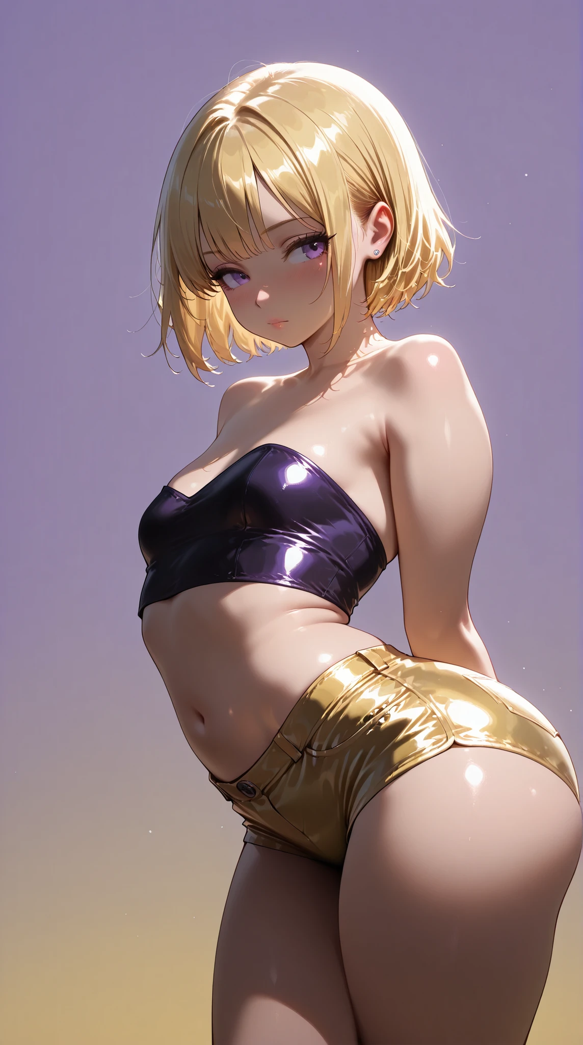 ((Best resolution)), ((high quality:1.2)), Work of art, 8k, extremely detailed, ((High detail:1.2)), Solo, asian girl, (yellow mini-shorts, crop strapless), (beautiful perfect face:1.23), Kizi,(eyes looking off to side), Highly detailed, Amazing work,Vitreous luster, blues, yellows, Best quality at best,shiny skin, no background, colorful background, purple background, yellow background, background, metallic purple, sexy pose, dynamic pose, heavy blushing, small breasts, yellow hair, purple eyes,