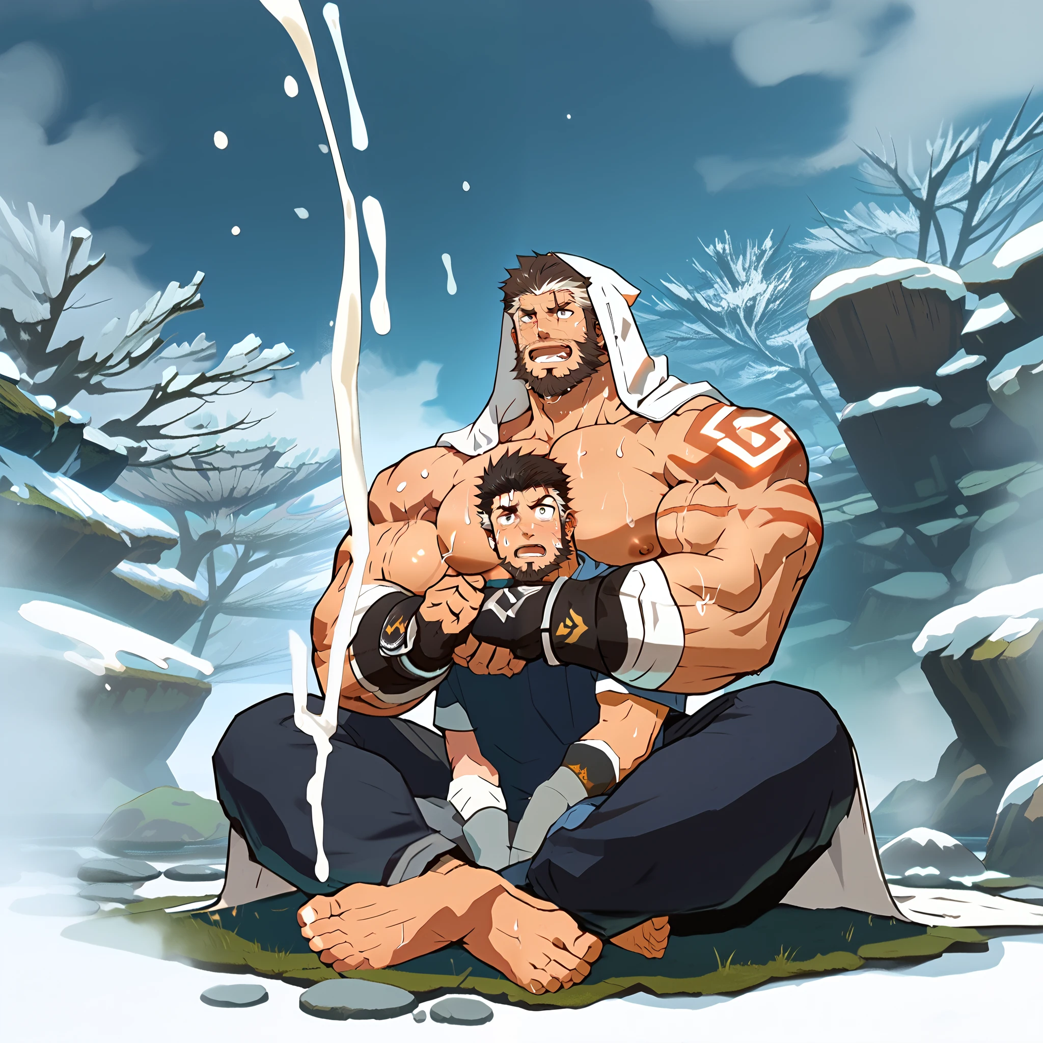 high detail,perfect body proportions, masterpiece,Two boys, mature male, hug, short hair, white streak, Gloves, Topless , scar, 手捏nipple,Muscle display , biceps , right arm tattoo,beard, manhood , full body,armpit,nipple,Sweat,sit,Look up,Keep your chest up,Hot Springs, Bare Feet ,hyper ,Porn,moan, ,cumshot