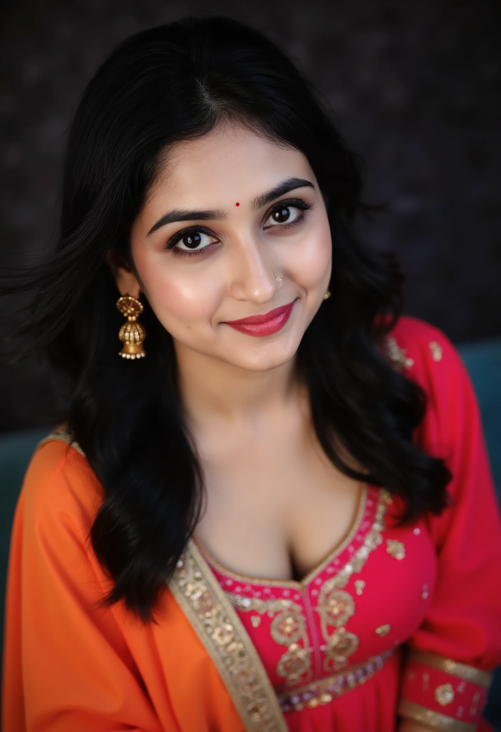A high-angle portrait of a young woman, radiating joy and warmth. She is dressed in a vibrant traditional outfit, featuring elaborate embroidery with bright colors against a black background. The lighting is soft yet illuminates her facial features, highlighting her expressive eyes and gentle smile. The composition draws focus to her upper body, with her hair cascading elegantly, creating a lively and engaging atmosphere. The scene captures a cultural essence with a modern twist.