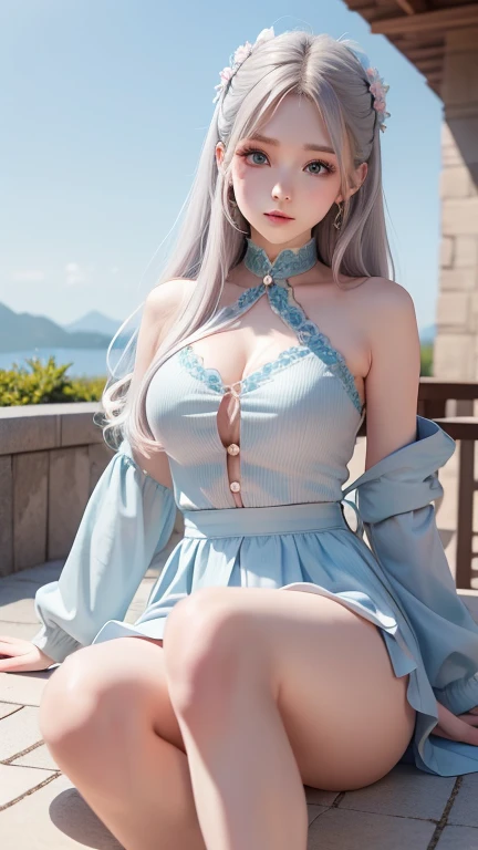 photorealistic, high resolution, soft light, 1women (charming Russian model Nata Lee), light long white hair, solo, hips up, blue eyes, shining skin, (detailed face), Chinese female bunny custome, sleeveless, black lace,hodling an easter egg, A very sexy bunny custome,background sorrounded by many daisies flowers, ethereal, surreal, phantasm, high quality
