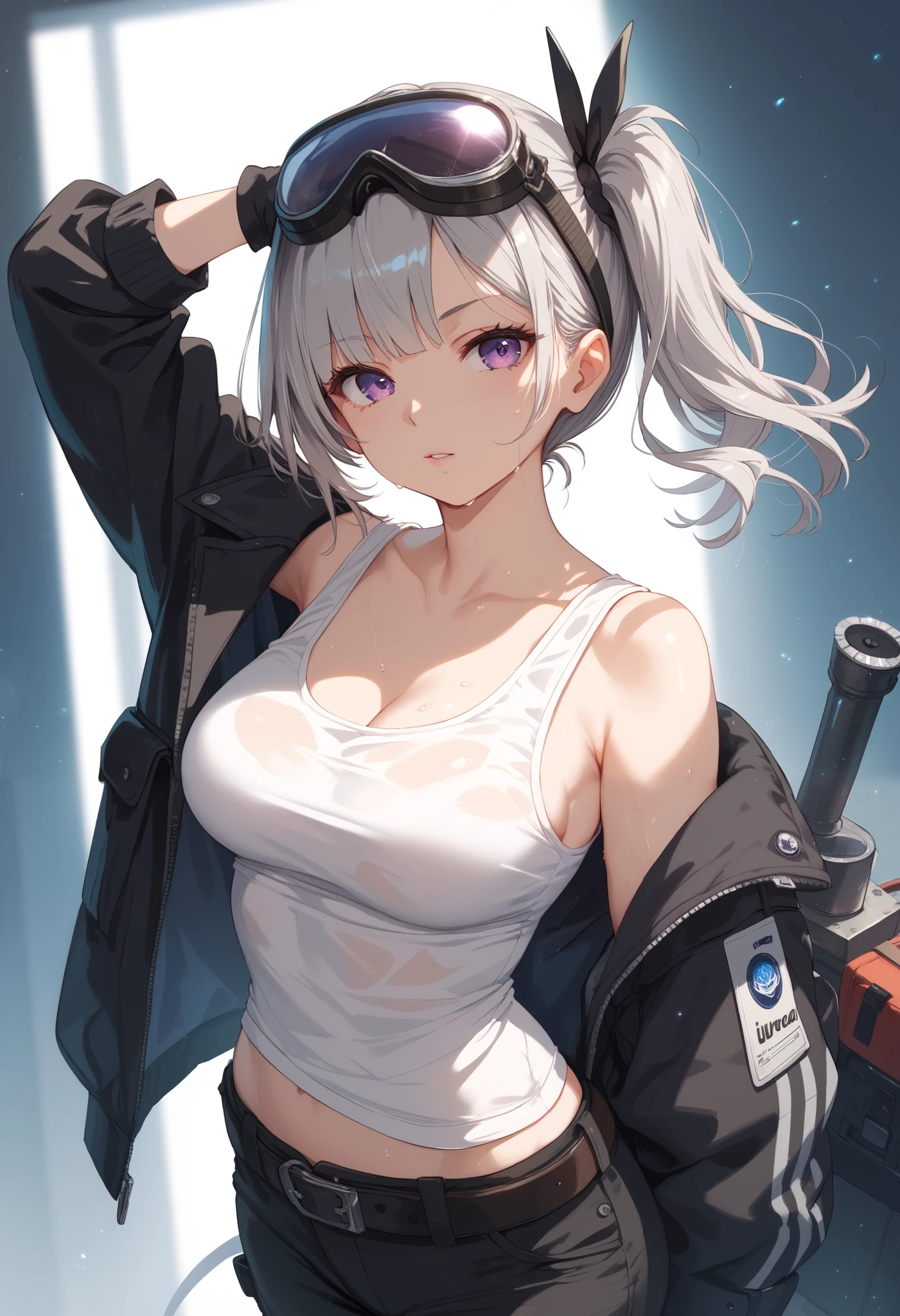 1 girl who died, side tail,Gray Hair, multicolored hair, purple eyes, and put a gas mask on your head, side lighting, light particles, wallpaper, Arm Up, is sweating in the cup,white tank top,short black work jacket, black cargo pants,Hold a sledgehammer ,cowboy shot,belt with tool case, hard boots ,hard gloves,full body,Medium Breasts