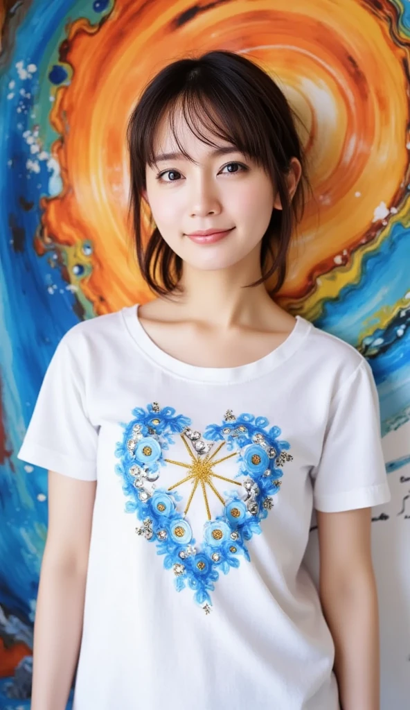 A striking, vibrant portrait of a young Asian woman radiating warmth, creativity, and an almost celestial beauty. Set against an expressive abstract background of fiery blue hues and textured splashes. The background is a masterpiece of swirling vibrant navy blue color tones, ranging from deep burnt amber to light aqua, accented with subtle textures that resemble paint splashes and fine mist. Her hair is styled into voluminous waves with a breathtaking cascade of curls. Her large, almond-shaped eyes are a captivating amber color. She wears a fitted white t-shirt emblazoned with an intricate hand-painted design at the center. The design is a heart-shaped motif with swirling blue florals, adorned with jewel-like silver and gold accents. The lighting of the scene is soft yet dramatic, immersing the viewer in a world of color, texture, and emotion, where every detail tells a story of passion and creativity.