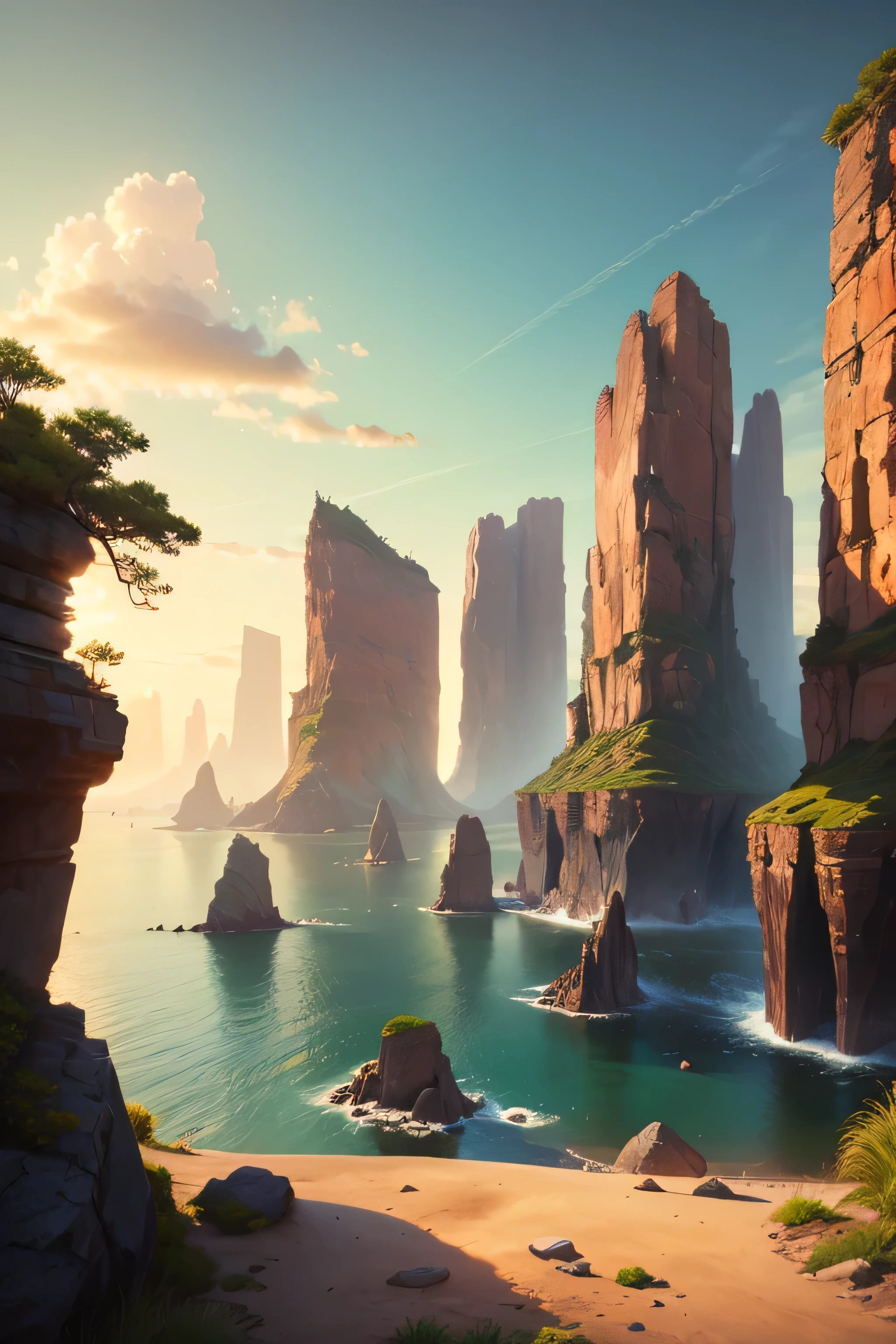 masterpiece, Large island. Beautiful sky and rocks in the distance. Adventure landscape . Maximum quality, Detailed.
