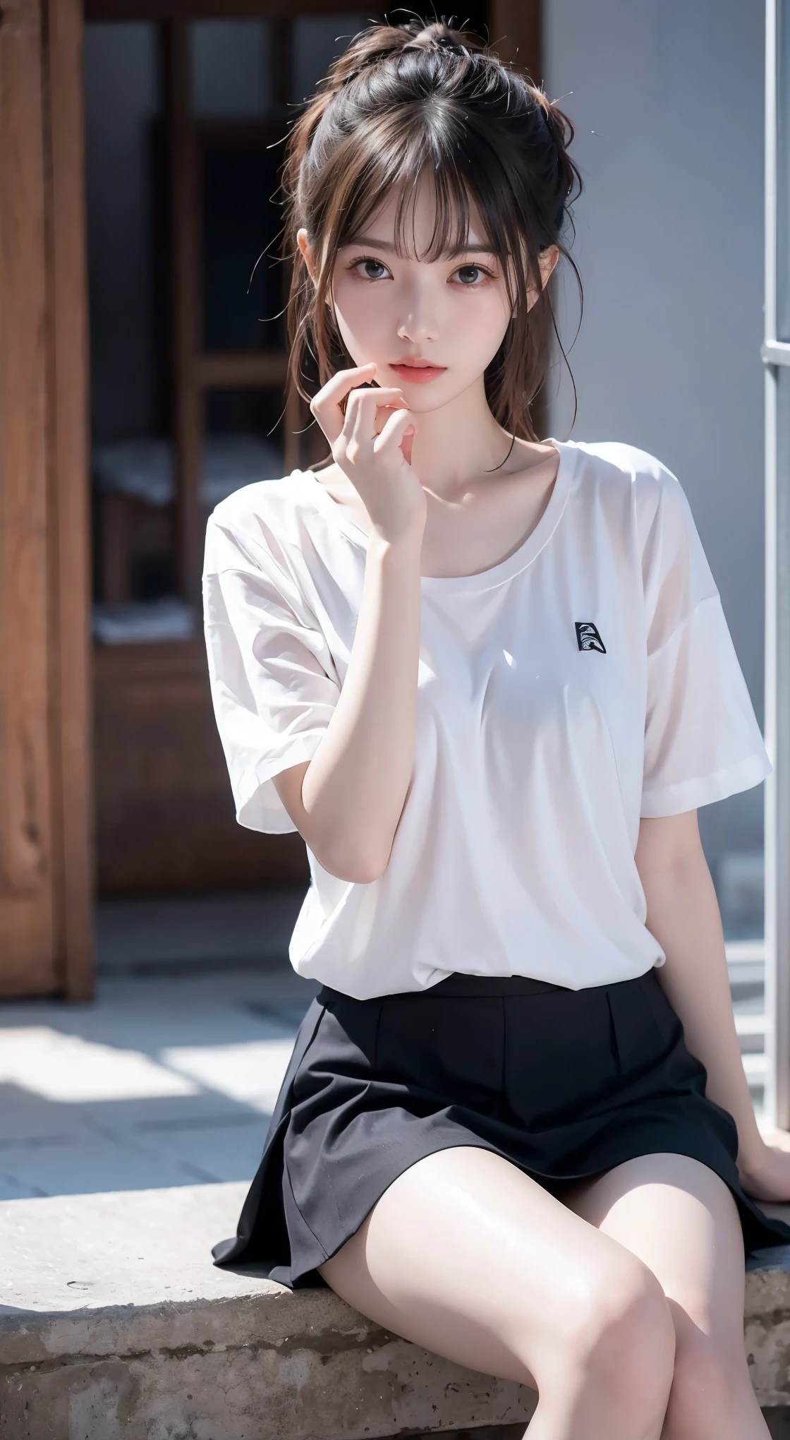 close-up of beautiful korean female, 34 inch breasts size, wearing t-shirt, playing drum, bokeh background, UHD