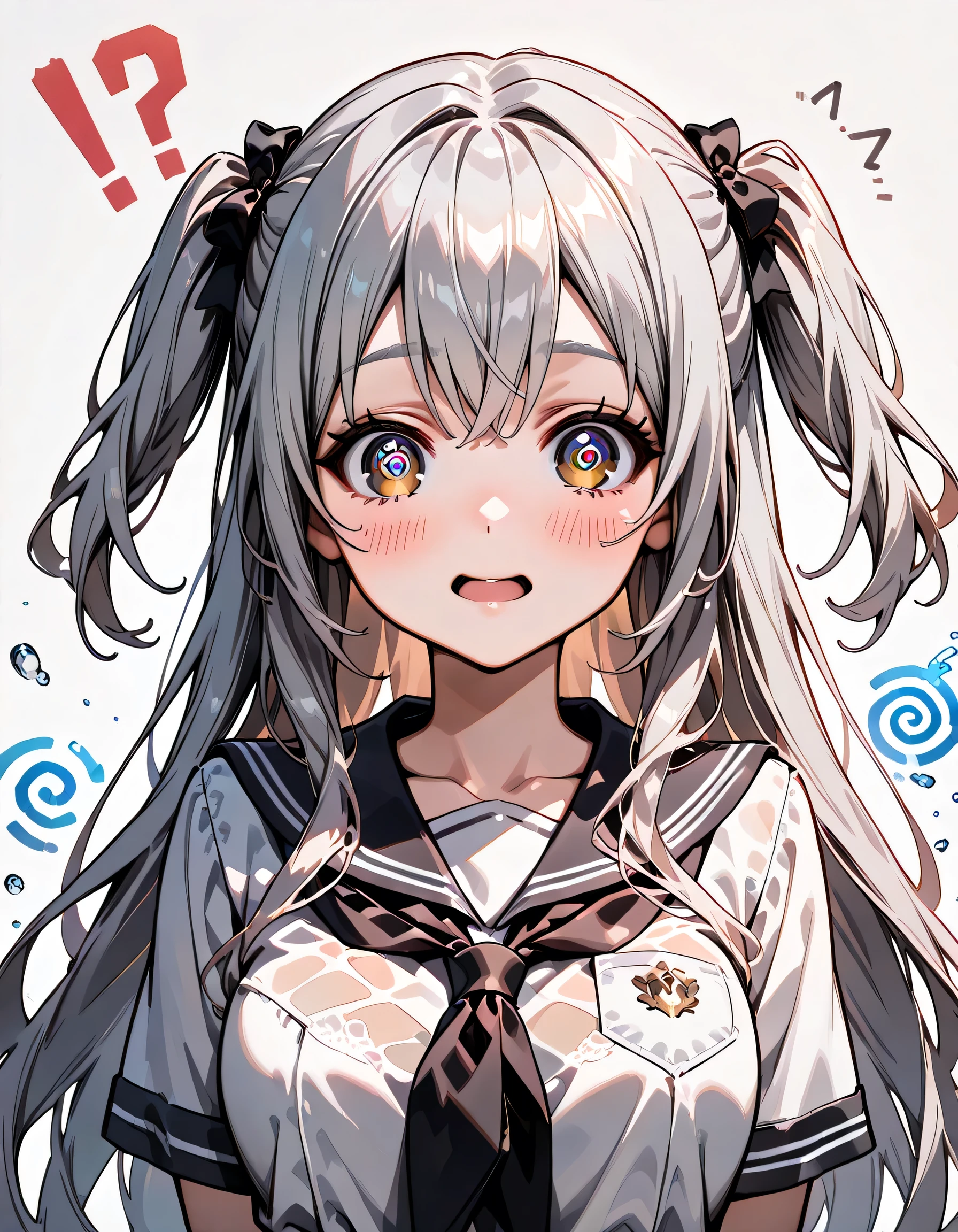 ((ultra-detailed)), (highly detailed CG illustration), (best quality:1.2), ultra-highly detailed, colorful composition, artistic photoshoot, 1girl, solo focus, ((upper body:1.4)), moe anime character, girl, dainty facial structure, (bab(round face), ((rounded chin:1.2)), blue eyes, ((swirl eyes:1.4)), ((silver hair color)), ((two side up hair)), ample breasts, school uniform, sailor suit, traditional Japanese style with navy blue and white colors, ((surprised:1.6)), ((blush:1.4)), ((looking viewer)), ((wet:1.4)), ((Sweat:1.4)), ((spoken !?:1.4)), ((blue splash background)), from front, best quality, masterpiece, expecting, pink cheek, blush, light pink gloss slip, portrait, depth of field, soft lighting, sidelighting, (shine), lighting, caustics, ray tracing, smile, perfect face, lustrous skin, highly detailed face, highly detailed eyes, perfect face, perfect nose, perfect hair, perfect eyes, perfect anatomy, beautiful hair, beautiful small face, extremely detailed face, beautiful detailed eyes, beautiful clavicle, beautiful body, beautiful ample breasts, leavage, breasts squeezed together, equalize the size of the left and right breasts, beautiful thin thighs, beautiful legs, beautiful fingers, 4 fingers, 1 thumb, lovely, (very detailed background:1.0), (highly detailed background:1.0), spring aesthetic, intricate details, joyful atmosphere, spring colors palette, chromatic aberration