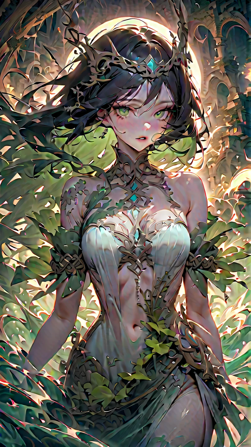 ((((Half body shot)) of a breathtaking black woman)) ((gracefully concealed behind a foggy mirror)), (((elegantly adorned in an exquisite African designed attire))), (((her mesmerizing image partially obscured))), (her piercing blue eyes) (((contrasting beautifully))) with her luscious curly hair), (((all amidst a whimsical composition))), (((enveloped by a captivating neon-lit arrangement of verdant leaves and blossoms))), ((forming a graceful semi-circular frame)), (((against an atmospheric backdrop shimmering with enchantment))), ((creating a breathtaking fusion of beauty and mood)), (((accentuated by a stunning color palette of lush greens, ethereal greys, and shimmering silvers))), (((each hue carefully curated to evoke a sense