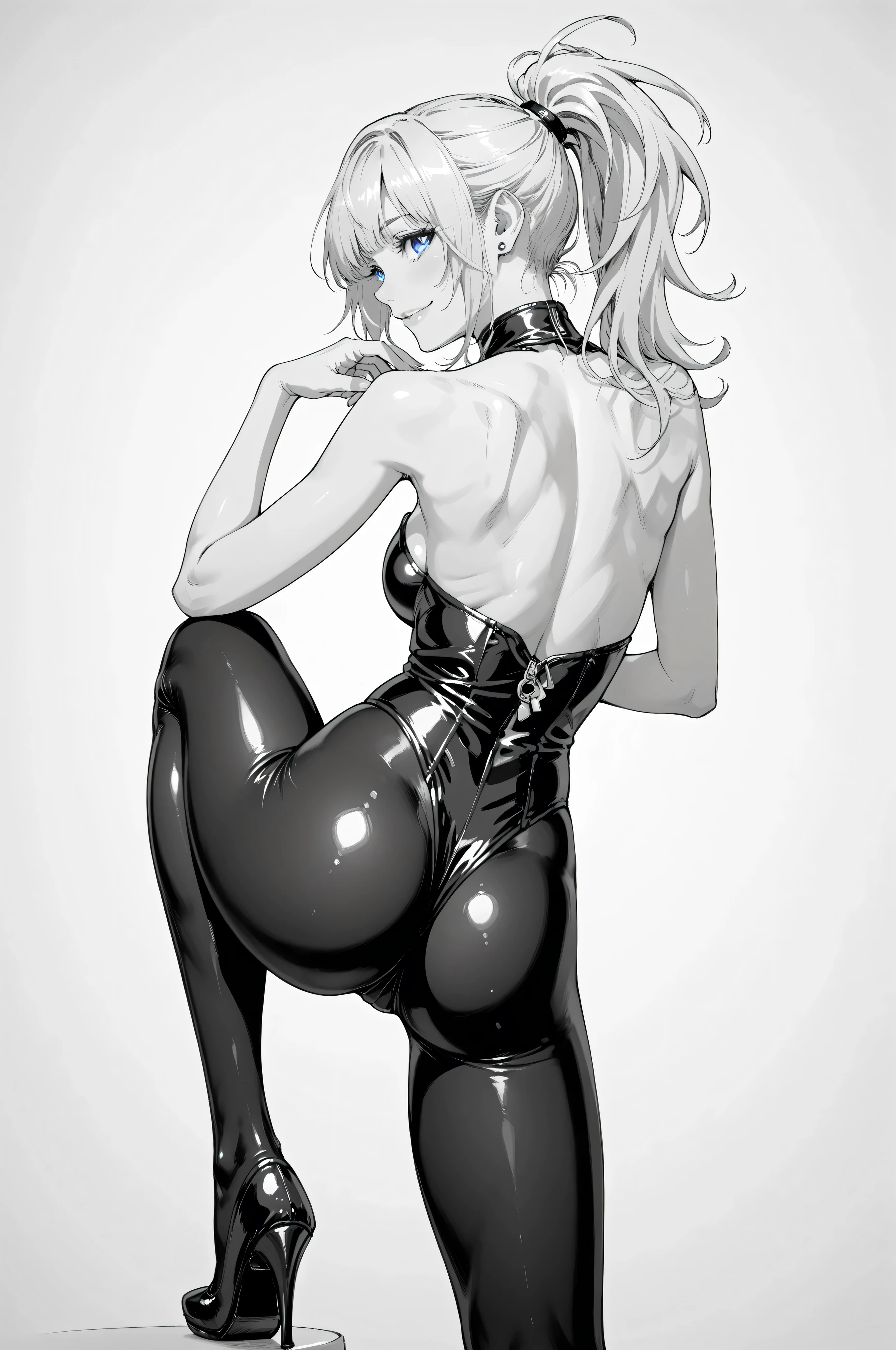 ((melhor qualidade)), ((obra de arte)), (detalhado), corpo esbelto rosto perfeito, quadris largos e macios, focus on glutes, big, soft glutes, seios macios, elf seios lindos e marcados, back view, blusa banca, hidden hands, magra, shy, corada, em plano de fundo VAZIO, with medium breasts, linda, duplo v, black pants, vergonha, perky glutes, cabelo vermelho, olhar com vergonha, corada, sexy, sexy, nsfw