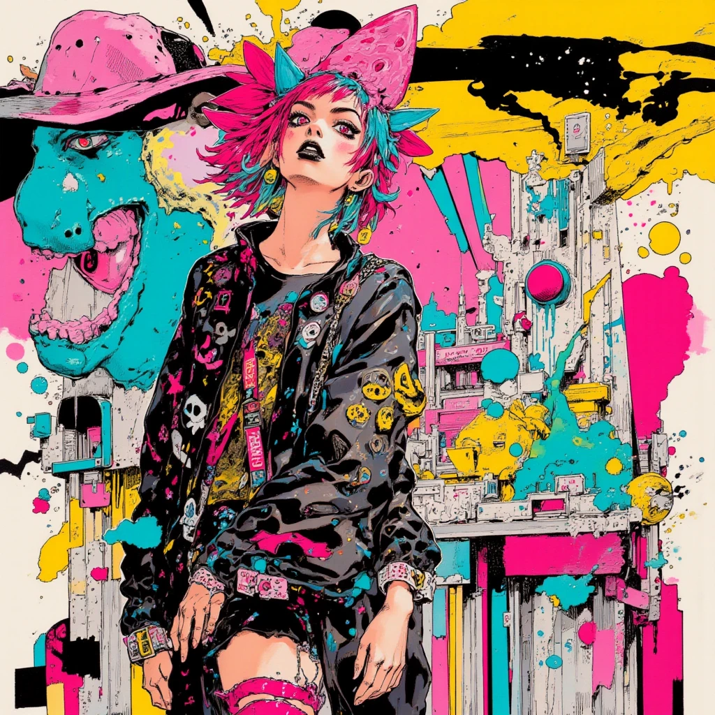 Girl 、punk fashion、dynamic composition、Lively decorations、album artwork ...