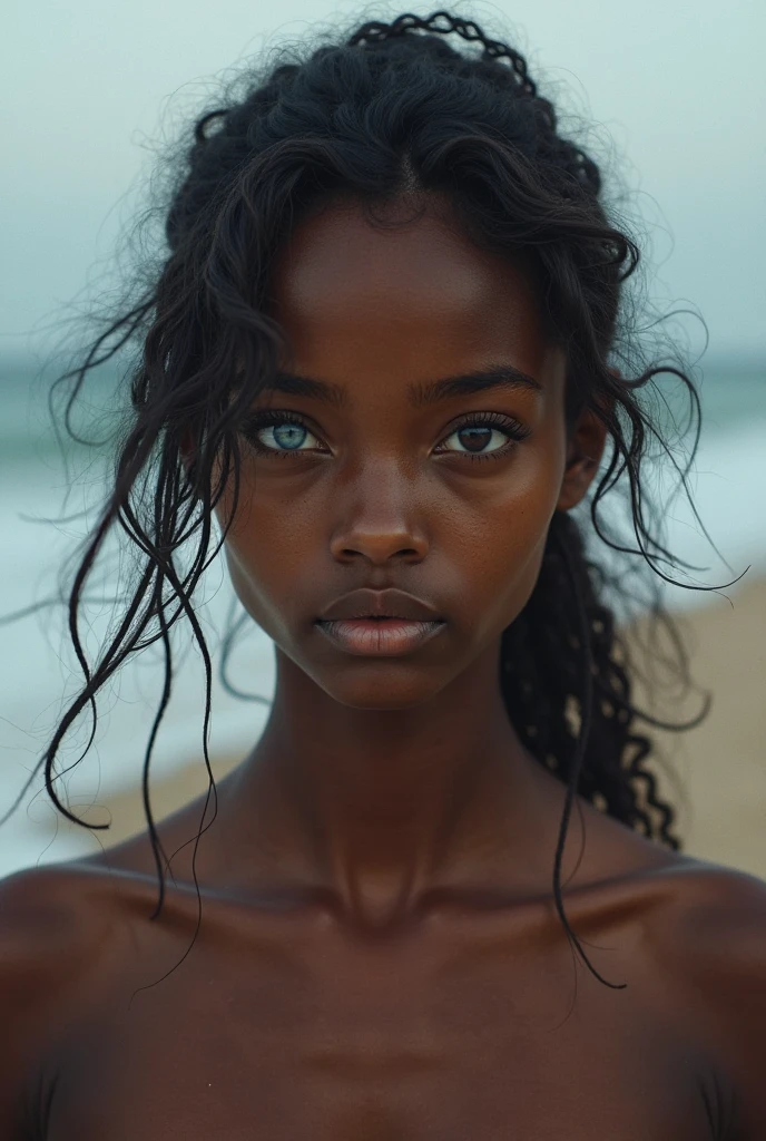 ((best qualityer)), ((work of art)), ((high resolution)), (hight contrast), (High clear), (imperfection of the skin of the face and body), ((photorrealistic:1.4)), ((CRU photo)), (8k), ((naked )) a full body photo of, Help me draw a 10 year old Ethiopian girl barefoot on the beach, de corpo inteiro, com qualidade cinematográfica ultra nítida em 8k