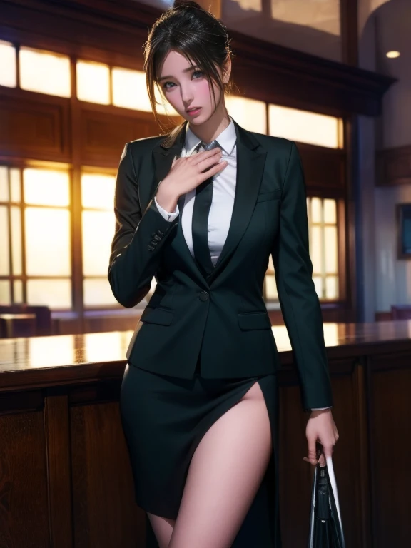 best quality, masterpiece, 1girl, Beautiful face, (photo realistic:1.3), rim lighting, (high detailed skin:1.2), 8k uhd, dslr, high quality, high resolution, 4k, 8k, Bokeh,  absurdres, best ratio four finger and one thumb, (realistic:1.3), cute 1girl, wearing black formal blazer, medium breasts, short skirt,