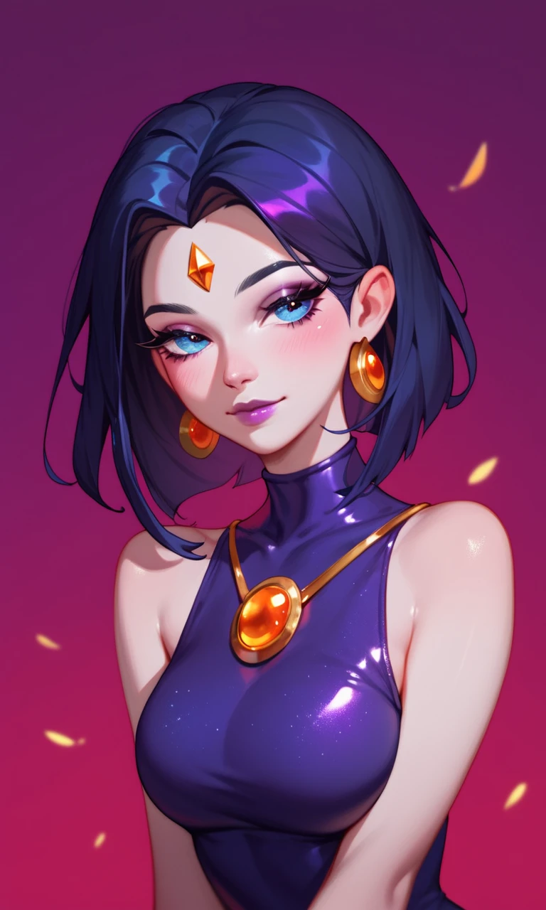 check_9, check_8_ upwards, check_7_ upwards, Soraka ( League of Legends ), 1 girl, blue eyes, black hair, Sexy, narrowed eyes, earrings, long lashes, Sexy, cute face, dressed as Raven ( Titans) purple,