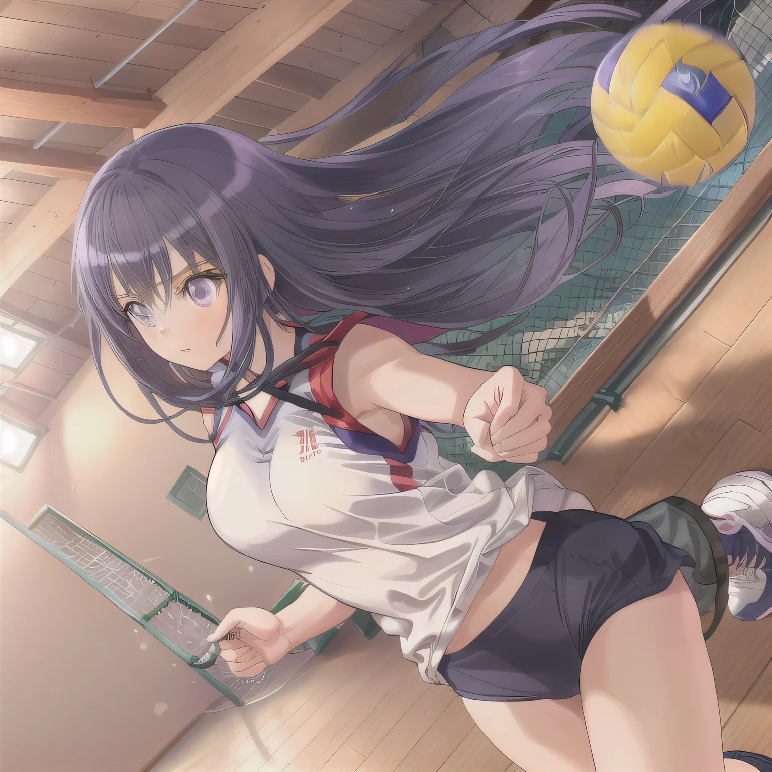 A breathtakingly beautiful 20-year-old woman soars into the air on a volleyball court inside a brightly lit gymnasium, preparing to spike the ball with precision and power. Her athletic form is accentuated by a sleek, form-fitting uniform, and her intense gaze remains locked onto the target. The polished wooden floor reflects the motion, enhancing the dynamic energy of the moment as she displays her skill and determination. Purple hair, long hair, purple eyes.