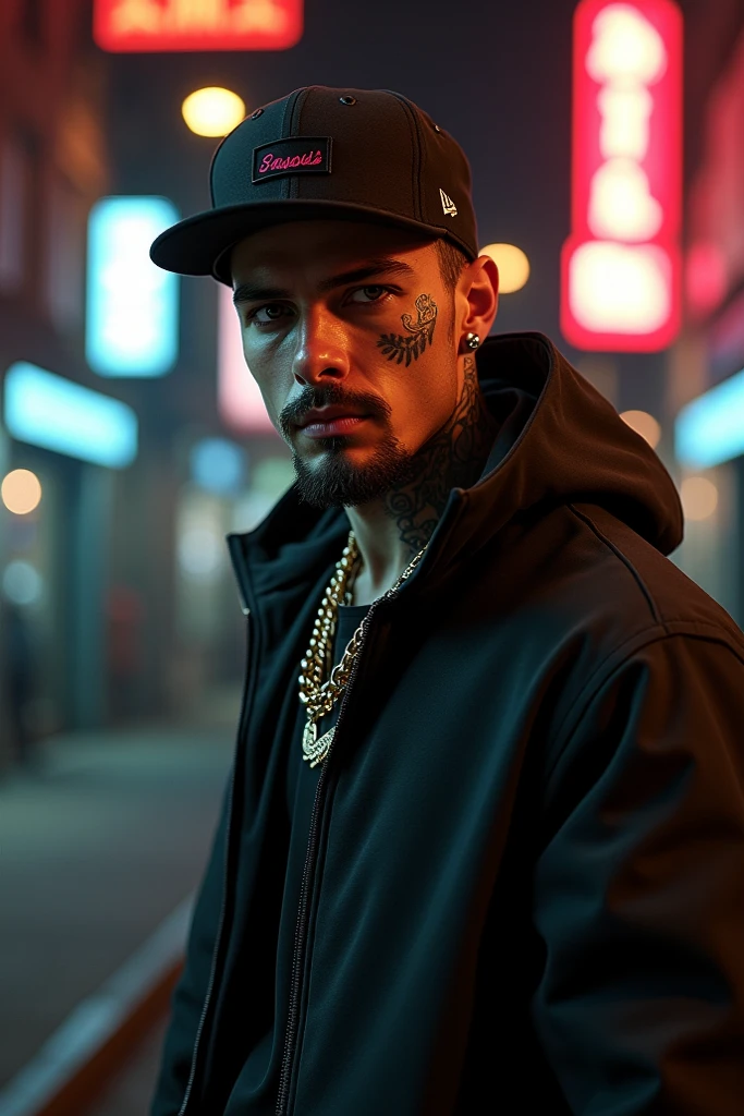 there is a man with a face paint and piercings on his face, bad bunny, cyberpunk streetwear, menacing look, techwear occultist, wearing cyberpunk streetwear, shot with sony alpha, style of seb mckinnon, demobaza, post malone, techwear look and clothes, badass look, highly aesthetic, deiv calviz, wearing a patch over one eye