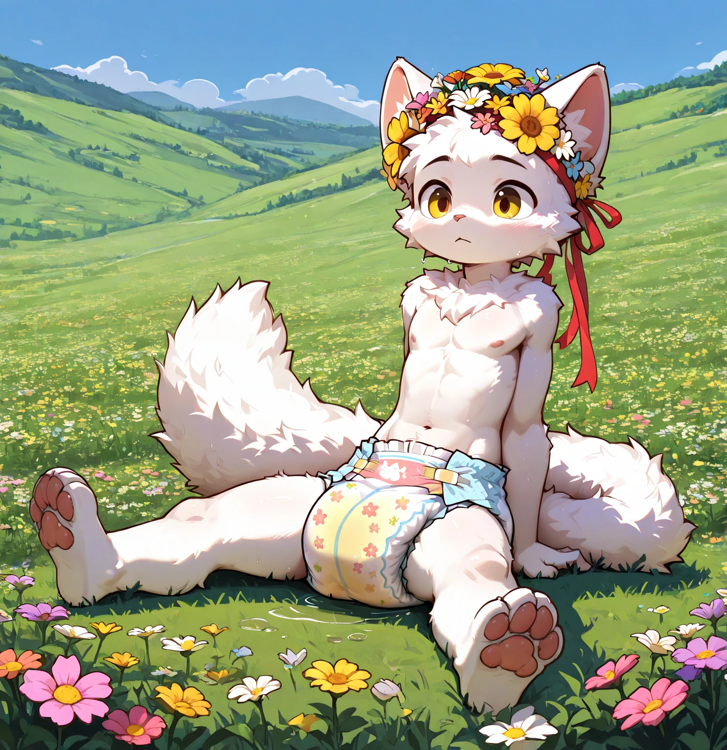 kemoshota, best quality,best resolution,(fluffy anthro furry :1.6),(young :1.6),  dog shota, dachshund, albino white fur, naked, heavy breath, plenty drool, dynamic angle, 6 year old boy,Masterpiece,cub,best resolution, white hair boy, ears, tail, pubic fur, sweating, full face blush, naked towel, Solo, kemono, blushes, look at camera, smile open mouth, standing on mouth, view from mountain, cloud fog background, sunrise time, tony tony chopper, beautiful contrast of light and dark, tiny small flaccid phimosis, looking back, anal