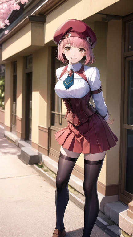 best quality, highres,soft lighting,1girl,look AT VIEWER,masterpiece, best quality, highres, white dress, skirt, cowboy shot, standing, outdoors, (skirt lift:1.3), (thong:1.2) 1girl, cowboy shot ,hmsl1, beret, x hair ornament, medium hair, pink bow, large breasts, jewelry, pink cardigan, brooch, white shirt, vertical-striped skirt, striped pantyhose,