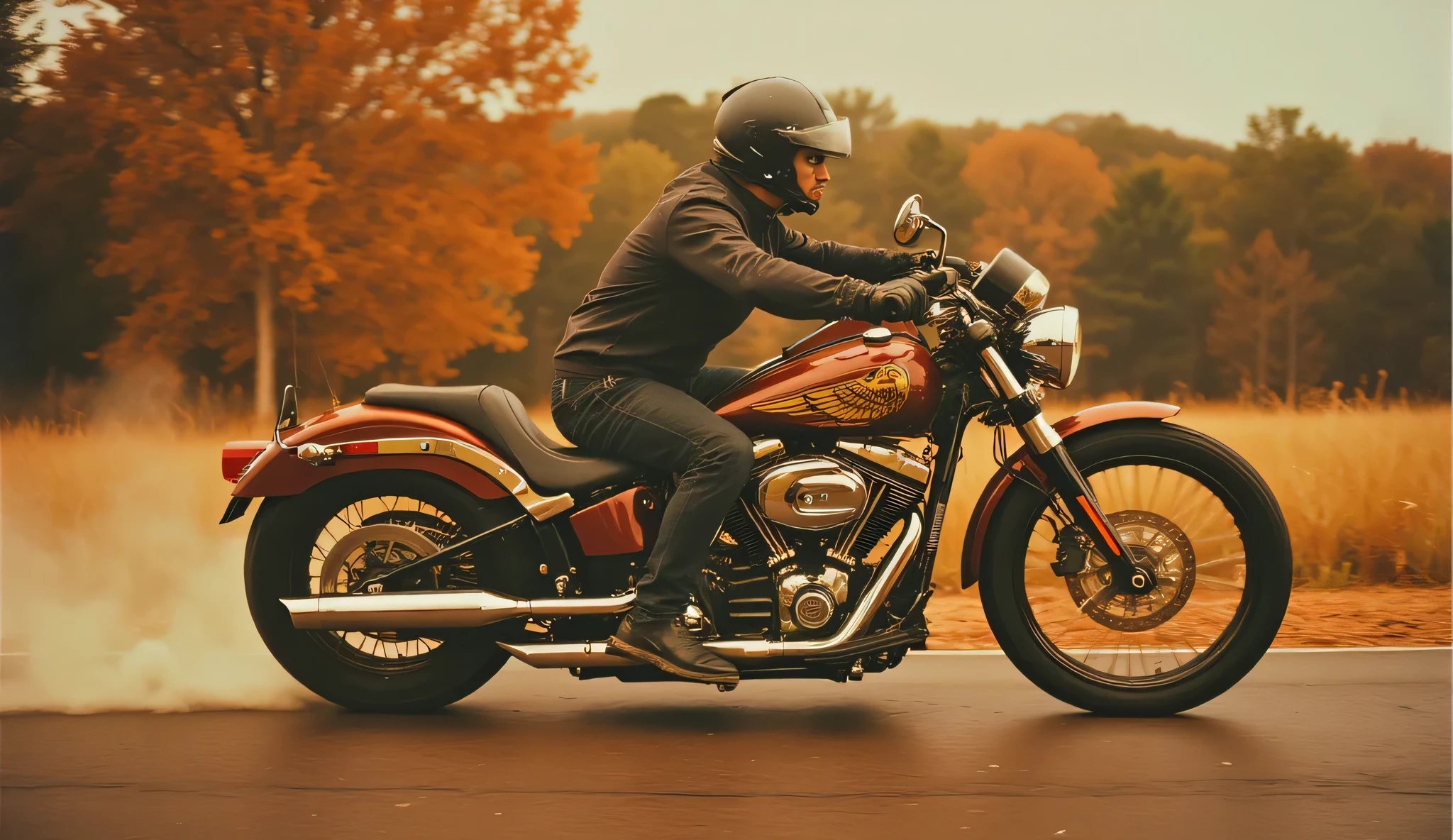 35 mm film , product advertisement scene , vintage motorcycle with stylized painting on the fuel tank in the shape of a hyperrealistic flying eagle, motorcycle in a daytime environment on an autumn afternoon at high speed with metallic brown paint and details in metallic gold, leaves of trees on the road raised with the wind from the scene , unique type , fantastic, professional motion photograph , bokeh