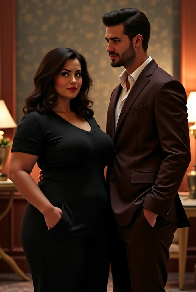 Realistic full body shot of a couple: The woman, at the age of 26, is depicted with a curvaceous body and an asymmetrical face reminiscent of Kareena Kapoor's. She captivates attention in a stunning lehanga and blouse, accentuating her cleavage and huge bust. Adorned with an elegant earring, she flaunts full lips and black scattered hairs on her face. The man beside her is tall and handsome, standing attentively as they engage in an animated conversation. The background portrays a lively night scene party, filled with color and energy. Both of them radiate clear and realistic faces, boasting fine pores