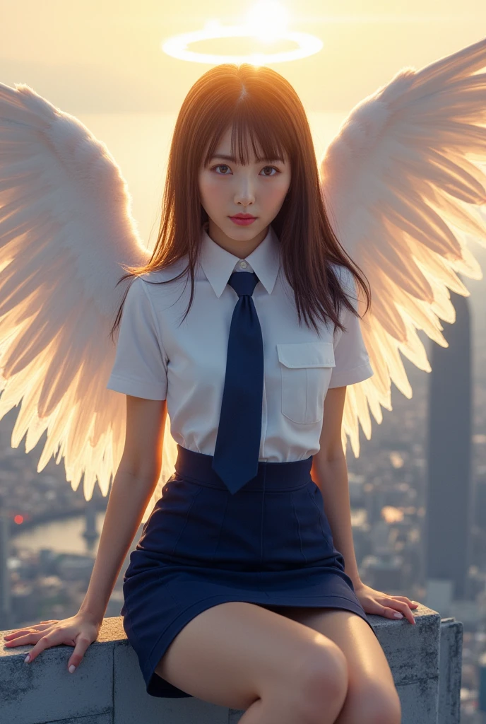 like an angel without wings. real photo. In the beautiful morning light, stepping onto the concrete floor on the roof of a building in Akihabara, Tokyo, there is a 13 year old female fashion model girl sitting on the outdoor unit of an air conditioner on the roof of a building, young Japanese female, solo female, wearing a white wear, white full body dress, barefoot, she is sitting cross-legged, anatomy anatomically accurate two legs crossed, she has long black hair and a natural perm, beautiful black hair in the morning sunlight, summer sun shining through, she is operating a laptop, her gaze is on the laptop display, both women's hands are on the laptop Behind her head, a lone dove spreads its wings wide, only in place, the dove's feathers shining in the warm reflection of the morning sun. From the rooftop of the building where she is sitting, the buildings of Akihabara are in the vicinity. There are concrete buildings, ladders, and warm morning sunlight coming in from the upper left corner of the screen. A diagonal band of light crosses from the left corner of the screen to the lower right corner of the screen.
