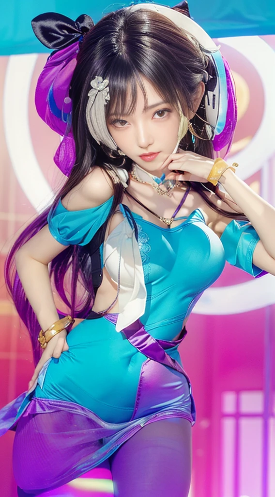 ((masterpiece)), highest quality, Absurd, Super detailed, Holographic, Cowboy Shot, Golden Ratio, Very cute girl, Mature Girls, idle girl, Super beautiful Asian girl with gorgeous purple eyes, Beautiful shiny brown multicolored hair, High Ponytail, nice and sexy body, The body is slim, Perfect body, Wearing a super tight anime print leotard, Super tight off-the-shoulder long sleeve crop top with anime print, Super beautiful transparent mini jacket, Beautiful hair ornaments, pink jordan tennis, Playing with my handsome nerdy skinny boyfriend, Black messy shiny hair, In a gacha machine