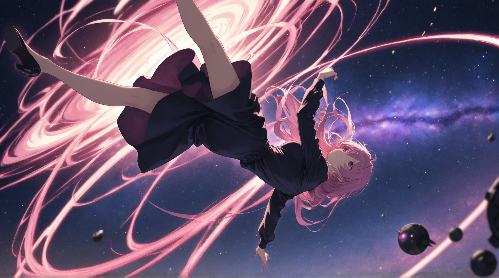 1girl、A pink-haired star mage named Maria Chiquinha、(expansion:1.3)、(Space comets:1.5)、Looking up at the night sky with deep concentration、Long flowing robes、Intricately designed star emblem、cane in hand、A magical aura of starlight surrounds her、highest quality、masterpiece、Sparkling Space Comets、swirling galaxy、Bright constellations、High resolution vivid illustrations、 realistic details、Long hair motion blur effect、HDR Effects、Ultra-detailed features。