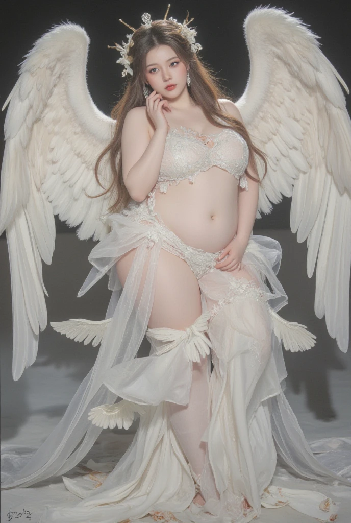 angelicales、The figure of an angel、White large wings、Wear golden Western-style armor、、Wearing golden armor、Wearing a golden suit、Very fat woman、Very fat woman、Round face、Fat face、large boob、thick waist、Big belly、big butts、thick thight、thick arms、Plump body、、masterpiece, top-quality,photos realistic, Detailed eyes and lips,Detailed iris,Realistically drawn skin,Limbs drawn in proper balance,Correctly drawn hands and fingers,I drew one thumb and four fingers in optimal proportions,number々Award-winning masterpieces of, with incredible detail, textures and maximum detail、hyper realstic、Realistic、Top quality real texture skins、fine perfectly symmetrical eyes、Beautiful face drawn in detail、The top of the head glows、Beautiful kind eyes、She has a blissful smile on her face、Beautiful colored eyes full of compassion、Her expression is serene full of tenderness and very beautiful、Large wings with pure white feathers behind the shoulders、Glass earrings on the ears,A beautiful necklace around the neck、Beautiful bracelet on the arm、dramatic photography、Golden hair、 short cut hair, ((Looking down)), Around her neck is a simple necklace of exquisite workmanship、Hyper Detailed, Intricate details、、Wings of Light Effect、spread your wings wide、a blond、blue eyess、Facing the front、 Wearing a small golden micro bikini、Bikini with gold embellishments、Wearing a small piece of armor on his chest、Wearing a small piece of armor in the crotch、 Small golden cloth、