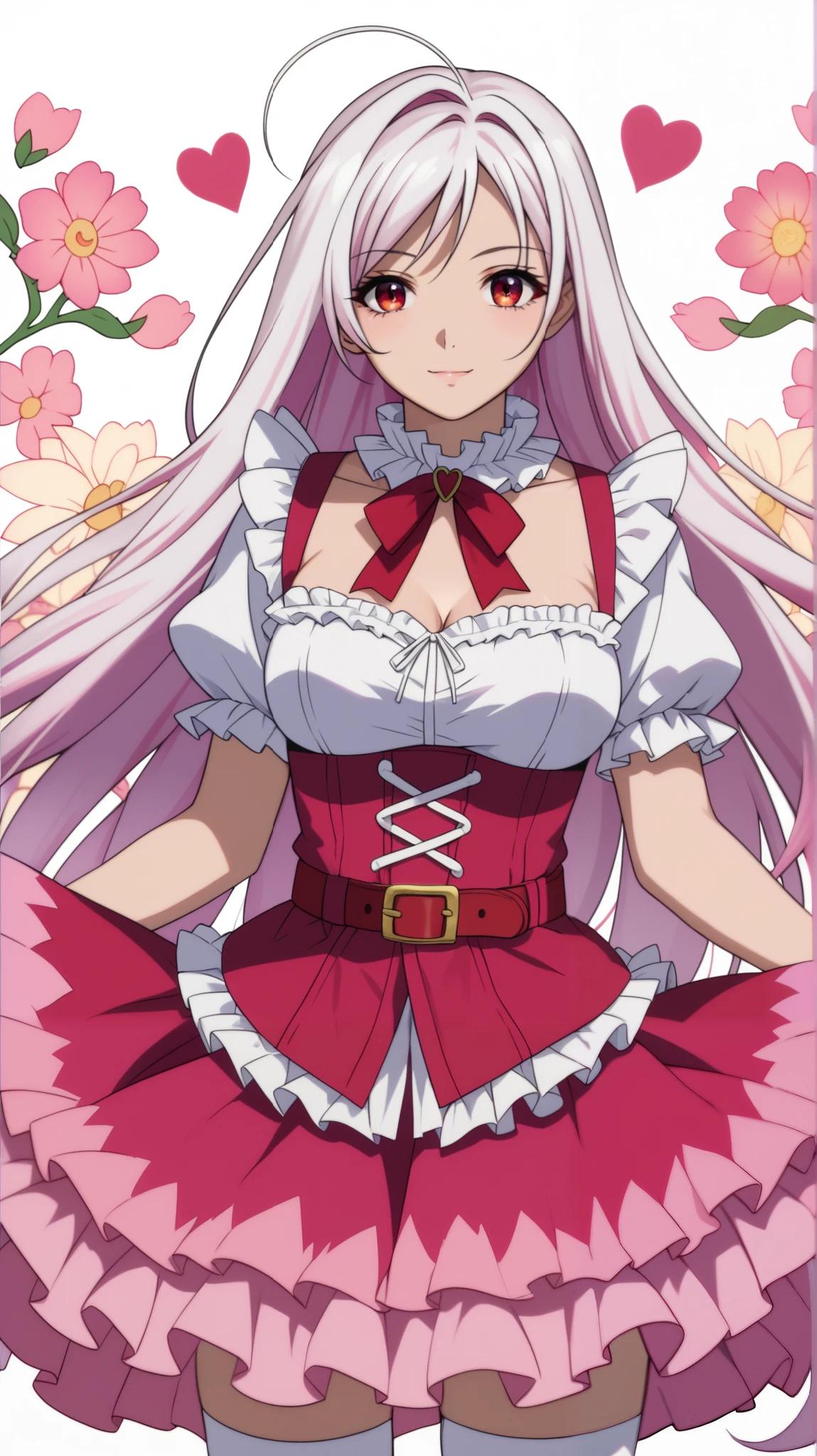 vampire moka akashiya, long hair, red eyes, ahoge, white hair, large breasts, a wearing cute theme gingham check outfit, a short-puff sleeves gingham check frilled-collar dresses and layered skirt, and lace. gold heart-buckle accent red belt, white thighhighs and red ribbon lines, Pastel color atmosphere, pastel color, pastel color theme, a wearing pastel colored pumps, white background, watercolor-style flower patterned background,