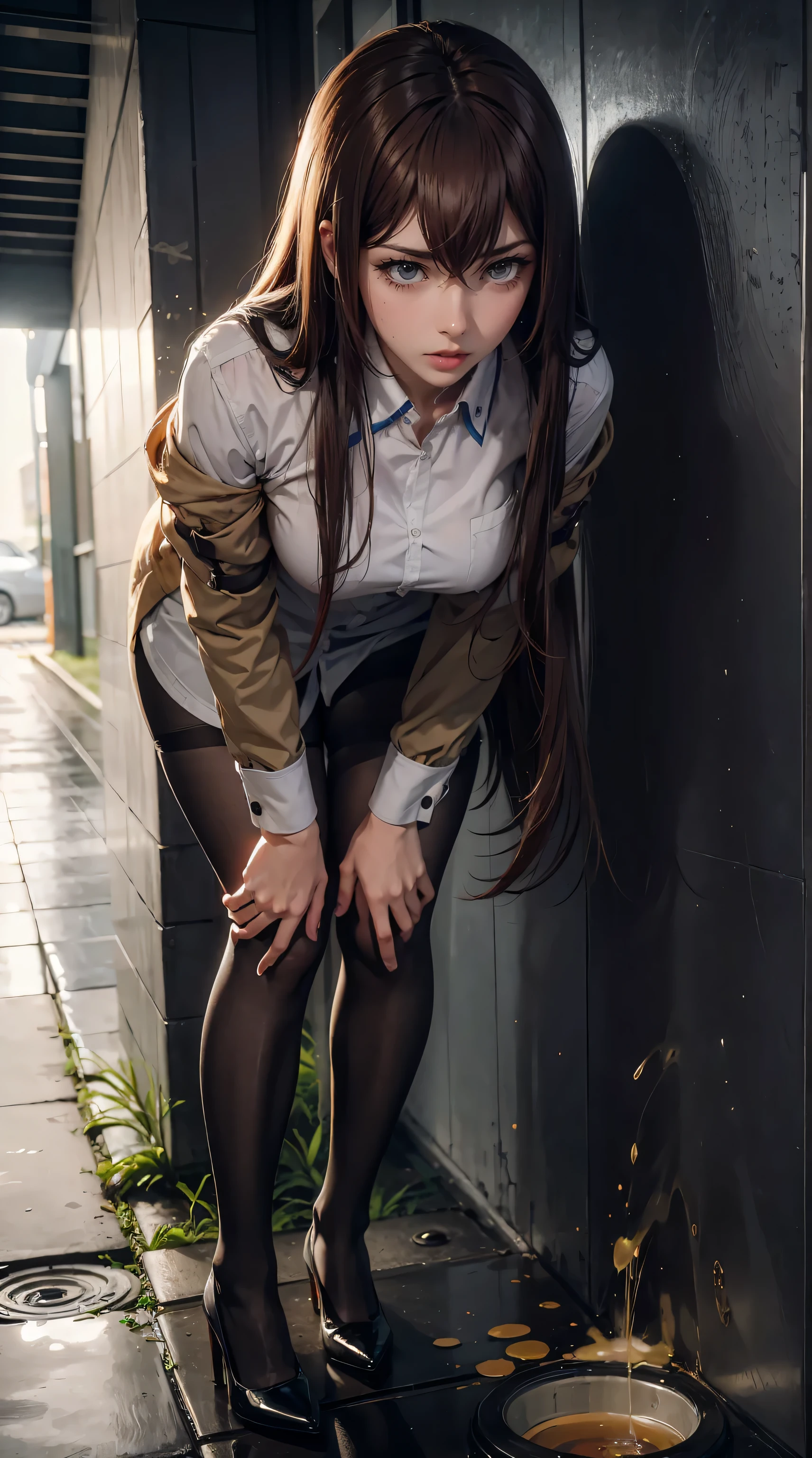 (urination:1.4),(is embarrassing:1.2) tall adult women ,excellent style, Makise Kurisu ,Christina,high heels,pantyhose, very long hair, Super Long Hair ,sweaty, My bra is watching, Bare bare ,pee themselves, Wetting clothes, The desperation to pee myself , urination imminent pose , her body can't hold urine 、I peed out of desperation,Pee desperate face , big puddle of pee ,