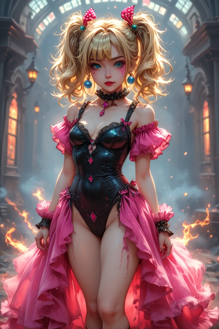 Master piece,best quality,ultra-detailed,high resolution,octane render,The overall image is of high quality, with a resolution of 4k or 8k.best quality,intricate details,absurdres,highres,cute and beautiful girl,vndvalkyrie,(1 girl),beautiful face,seductive young girl,female focus,full body,(perfect body),cool,Her face is extremely detailed and expressive.kawaii,the girl exudes confidence and elegance,Her pose and expression convey a sense of empowerment and strength.blonde hair,single braid,glowing hair,She has long eyelashes that add to her captivating appearance,big bright green eyes, glowing eyes, (beautiful detailed eyes),highly detailed face and hair,pale eyes,a well-defined nose,pinky skin,glowing and smooth skin,faint lips,seductive and confident smile,standing,fighting stance,fist in hand,fist bump,open mouth,pointy breasts,red cyber suit with micro skirt, gold accents,gold hair ornament,white side-tie panties,garter belt,Stockings,bare shoulders,Torn clothes,expensive,allure pose,(tentacle pit),red tentacle,black Choker with chains,bracelet with chains,silver earrings,Blushing face,emphasizing her facial expression and beautiful body lines,dynamic angle,from below,sweat,perspired,steam,wet,fantasy,in cave with tentacles,creating a visually stunning effect,adding to the overall appeal,excited expression towards the camera,psychedelic,light Red eyeshadow,from below,