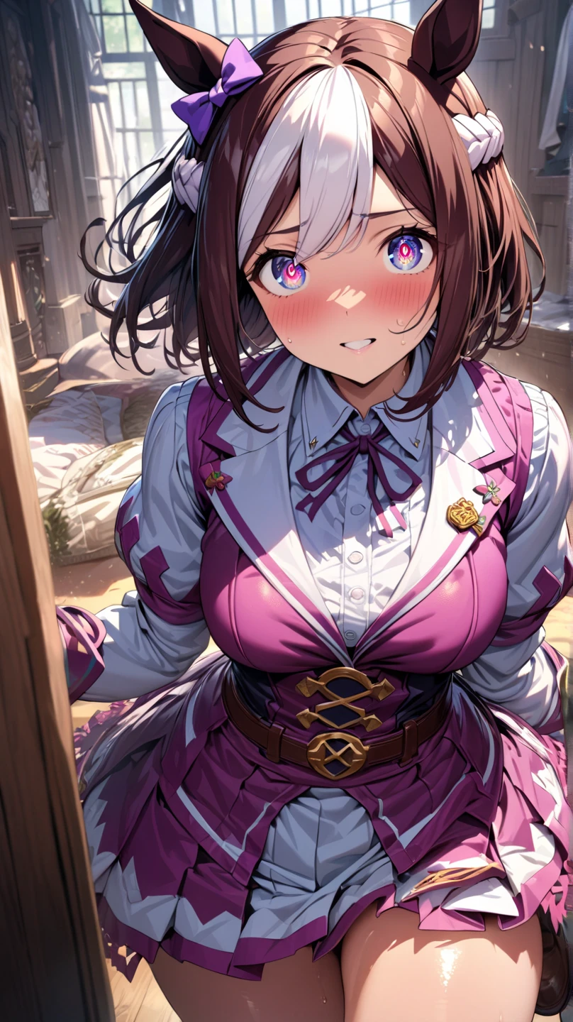 (((Masterpiece,Super Detail,Very Delicate))),full body,(((front view))),one cute girl,meisho doto(umamisume),Fair skin,Glamor and attractive figure,bringing face closer,confusion,shy and smile,blushing,(slouch,hands behind her back:1.5),fantastic grassland,wind is blowing,sparkle of the sun,so excited