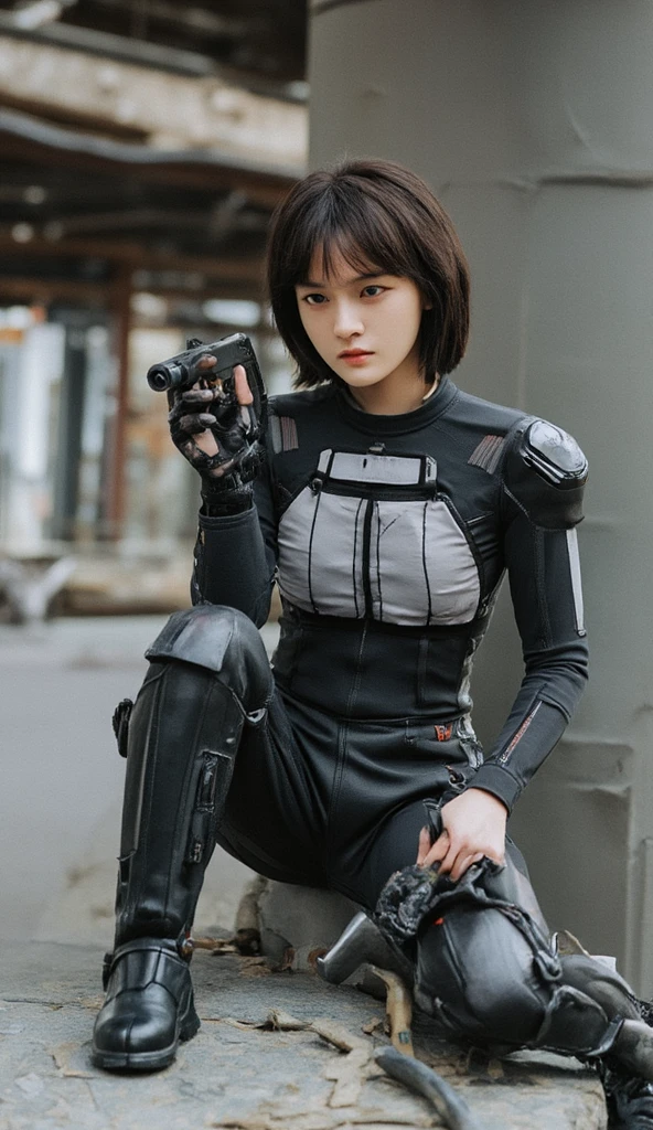 Highest image quality, outstanding details, ultra-high resolution, (realism: 1.4), ((close up:0.75)), highly condensed 1 lady, with beautiful and a delicate face, perfect proportion, aiming the viewer, ((aiming the viewer)), (chubby:0.3, small breasts), (cloths color base ratio black:0.4 white:0.5 other-color:0.1), (wearing rash-guard likes police uniform, black and gray mecha, wearing futuristic-full-face-mask, military harness, holding hich-tech-flamethrower -tank on back), background simple grey wall,