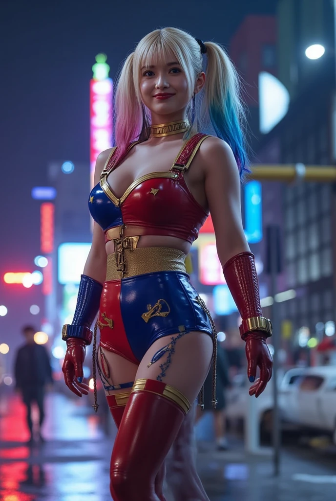 Create a realistic image of a woman, (large breasts), view from behind, athletic build, hourglass figure, dressed as a Harley Quinn-inspired character, psychotic smile. She has blonde hair styled in two pigtails, with the ends dyed red and blue. She wears a red and black corset top with lace-up detailing, red shorts, and a choker necklace. She has amazing legs. Her makeup includes bold eye colors matching her hair and a small heart on her cheek. The background is a vibrant city street at night, with neon lights and a bustling crowd of people. The overall atmosphere is edgy and dynamic, capturing a playful yet mischievous vibe. (Wide angle distant full body view from behind:1.6). Hyper realistic photo, vibrant colors, 16k