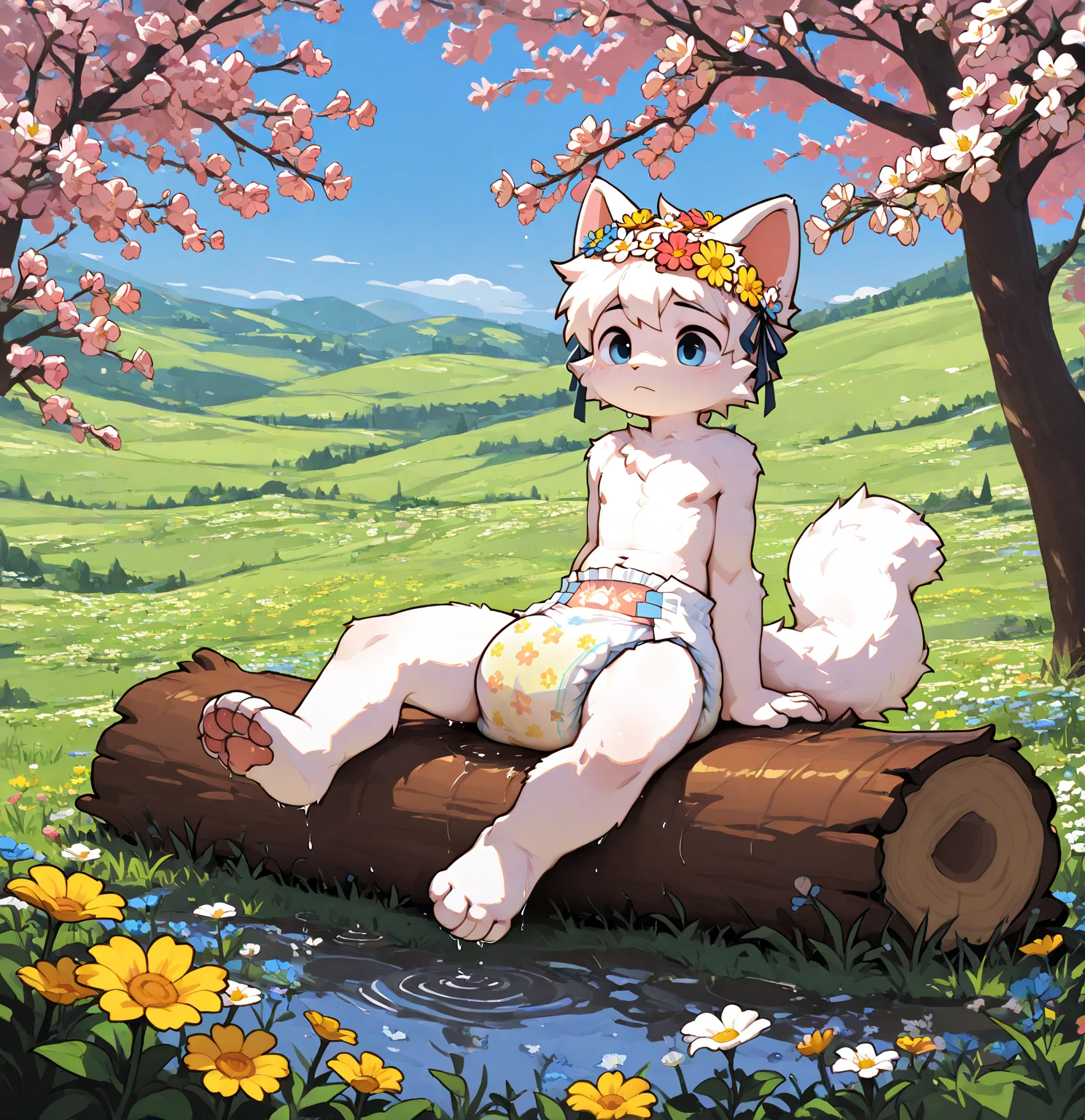 Diaper only, flower pattern diaper, kemono cat, white fur, boykisser, 1boy, wet diaper, wet dreams, detailed background, spring, hills, blue sky, flowers, sitting, ribbons on head, sitting on log