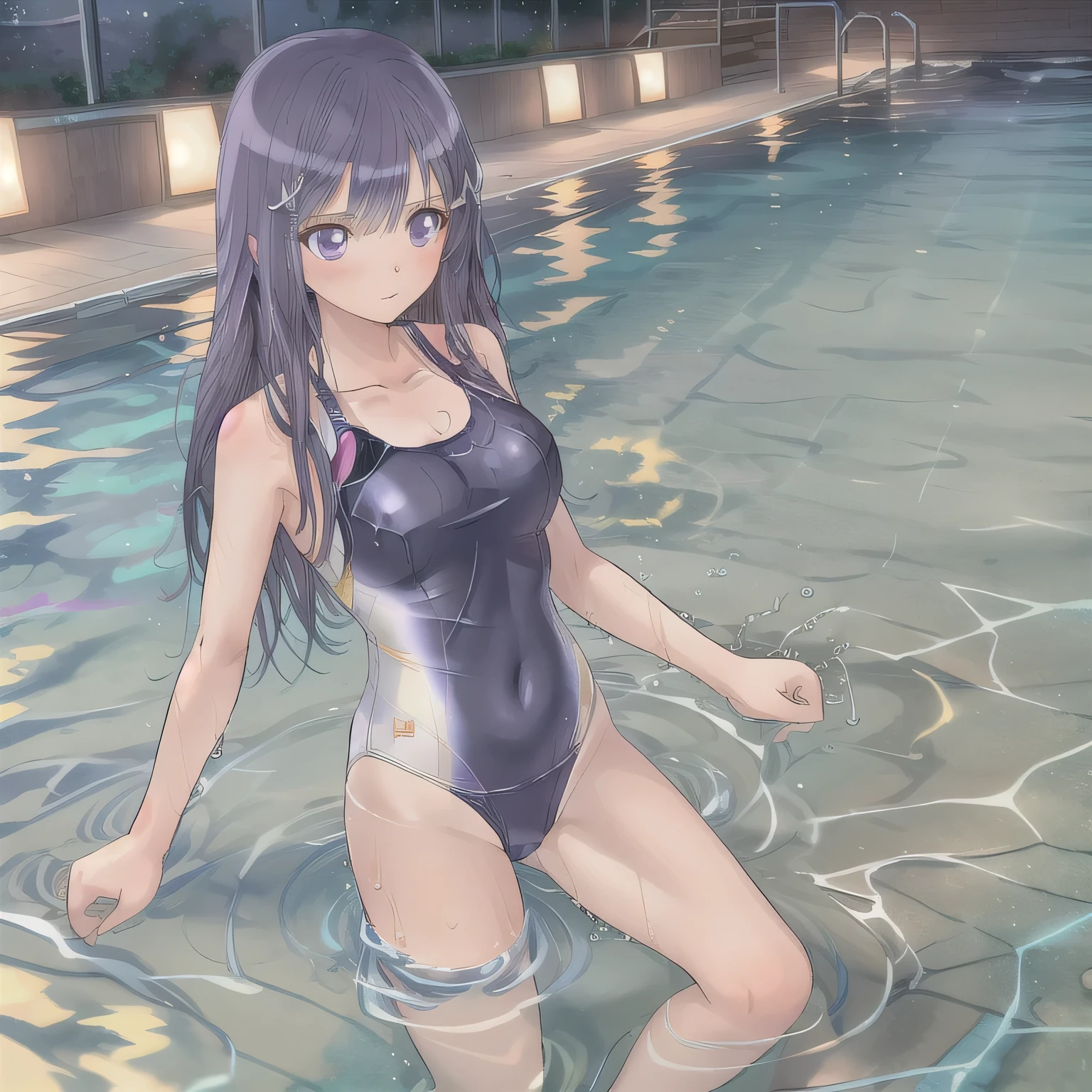Depict a 20-year-old, breathtakingly beautiful woman performing synchronized swimming in a crystal-clear pool. She wears a stunning, form-fitting swimsuit adorned with sparkling embellishments, designed for both elegance and functionality. Her body moves in perfect harmony with the water, arms extended gracefully, legs executing a precise movement. The water ripples around her, reflecting the bright lights of the aquatic arena, creating a mesmerizing scene of beauty and strength. Purple hair, long hair, purple eyes.