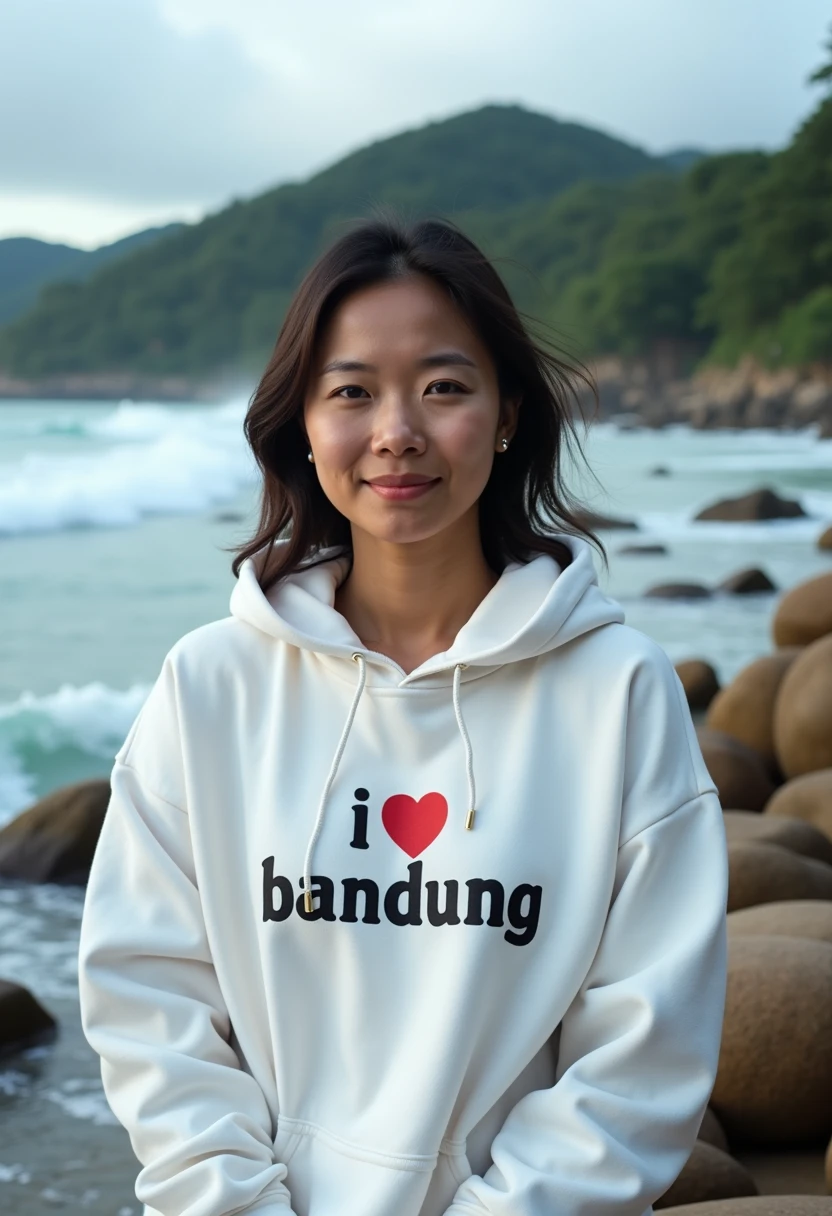 A pregnant hijaber indonesian pretty girl, wearing a cream hoodie with a strong vector design featuring a silhouetted image of a five-fingered palm in pastel colour with love and light. The phrase "JANGAN YA DEK" is displayed in bold simple elegand, distressed typography with pastel colours, while holding her long skirt, wearing hijab, one-handed pose pointing upwards, background naked couples man and women  kissing, making love, jav idol, with front shooting angle, very realistic, (complex detail: 0.9), (hdr, hyperdetail: 1.2), RAW, Sony Alpha a9 II, 24-105mm f/4, HDR,