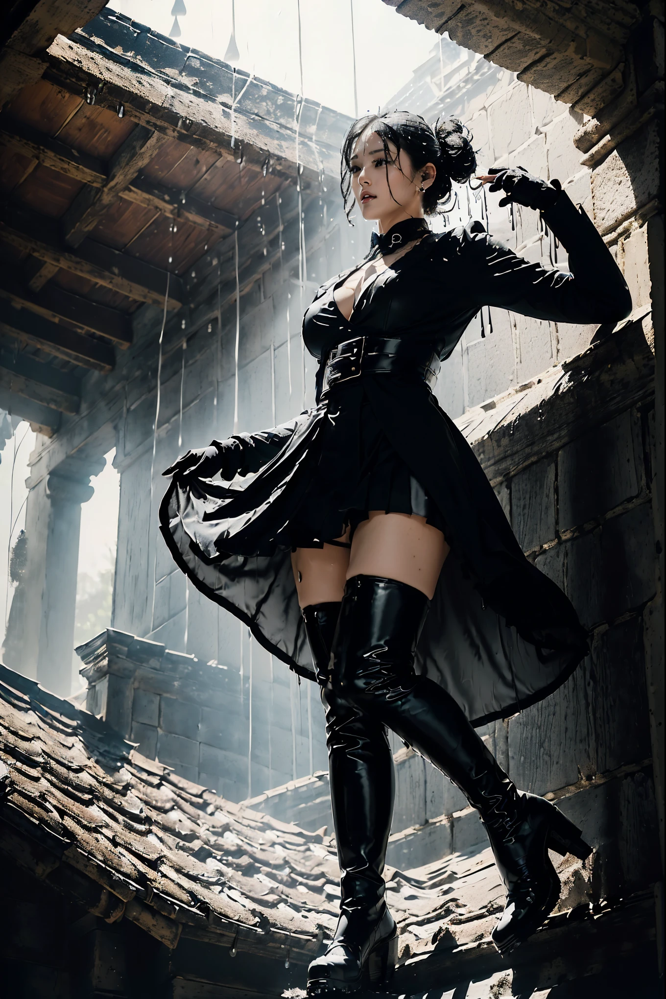 top quality,greatest masterpiece,highest resolution,Photorealistic,(Cloudy,heavy rain:1.5,thunderstorm:1.8,Pitch Darkness:1.4,One street lamp with a faint light:1.4,She's standing on the eaves:1.4,Water drops are falling from the roof,The eaves where the rain drips are shaded and the face and body are super dark:1.7),anatomically correct,perfect proportions, perfect woman's body,top qualityのリアルな質感の肌 top qualityのテクスチャの髪 ナチュラルボブ ウェーブヘア 前髪パッツン 銀髪,Full Body Lesbians,dark atmosphere,20 years old Japanese female fashion supermodel,fur long coat mink white,V neck with cut and sew,Pleated Skirts,(thigh high platform boots),gorgeous earrings,necklaces, Bracelets ,(from below:1.6),(An impressive composition with her silhouette and shadows:1.6),perfect composition,Dynamic Composition