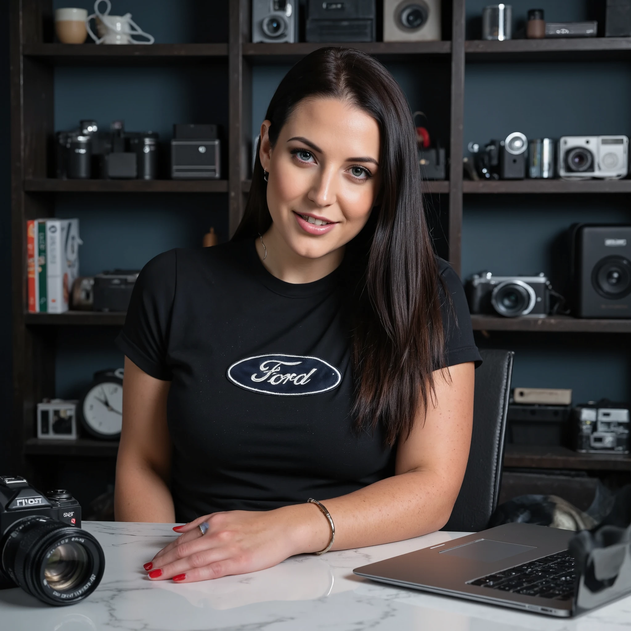 Professional photographic shot of a confident woman with long, sleek black hair, her skin glowing under direct lighting, highlighting her striking features and radiant smile. She is wearing a black t-shirt with a bold "Ford" logo, paired with silver jewelry — delicate necklaces, rings, and a bracelet — and vibrant red nail polish. She sits in a modern office chair, leaning slightly with one hand touching her face, exuding a relaxed yet powerful aura. The background is a creative workspace filled with vintage technology: Sony VX1000 cameras, retro camcorders, and stacked electronic boxes, along with a sleek laptop and scattered notebooks on a marble table. The scene is bathed in high-contrast lighting, casting dramatic shadows, with a cool-toned palette complemented by warm accents from her nails and skin. Depth of field focuses on her captivating expression while softly blurring the technical elements in the background, creating an edgy, nostalgic yet modern atmosphere.