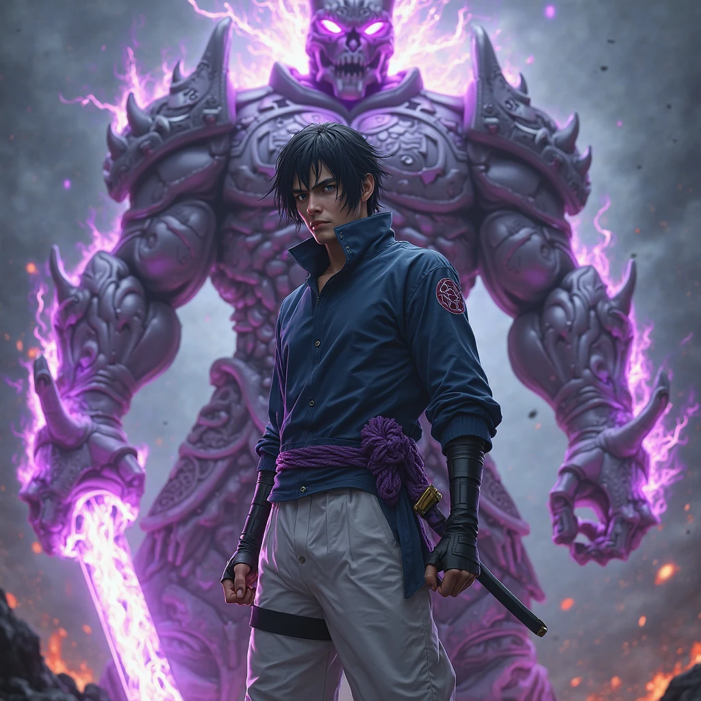 um alto, Muscular man stands in front of a purple portal. He's shirtless, and his body is covered in scars. He wears a theatrical smile mask, and his pants and shoes are baggy. He holds a sword in his right hand. The man is silent, seus olhos fixos no portal. The portal is glowing with a purple light, e um som de assobio pode ser ouvido vindo de dentro."