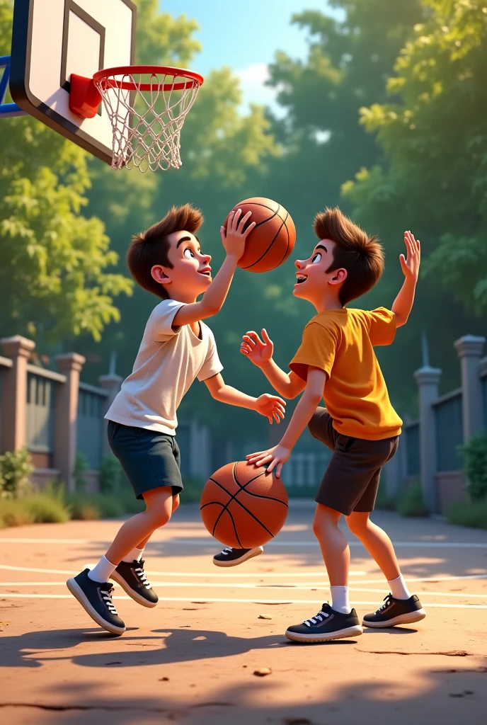 A lonely boy sitting on the bleachers watching a basketball game. Another boy runs over, enthusiastically pulls him into the game. The shy boy hesitates but quickly starts laughing as he joins in.